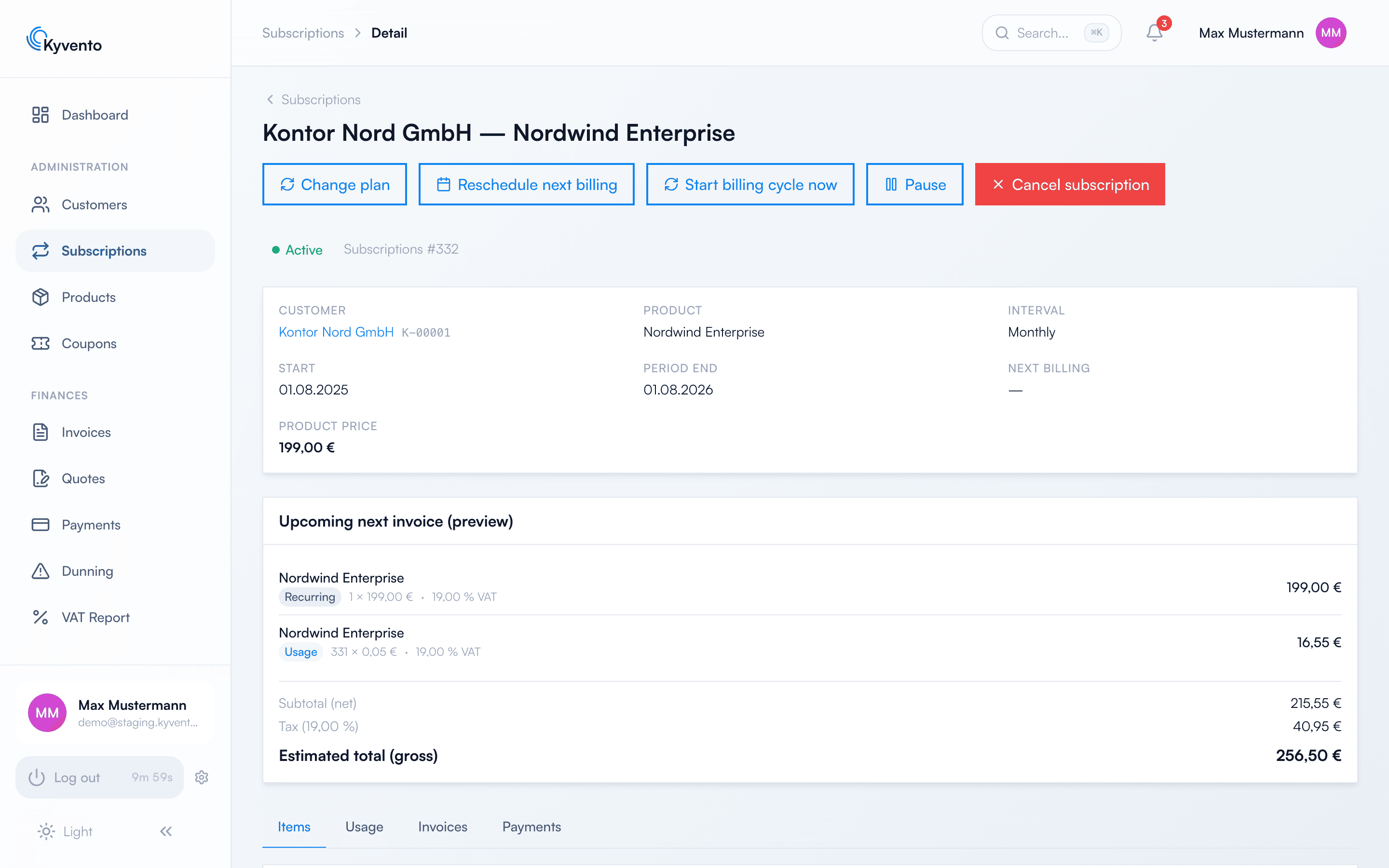 Subscription detail page with period end, next billing and the expected next invoice