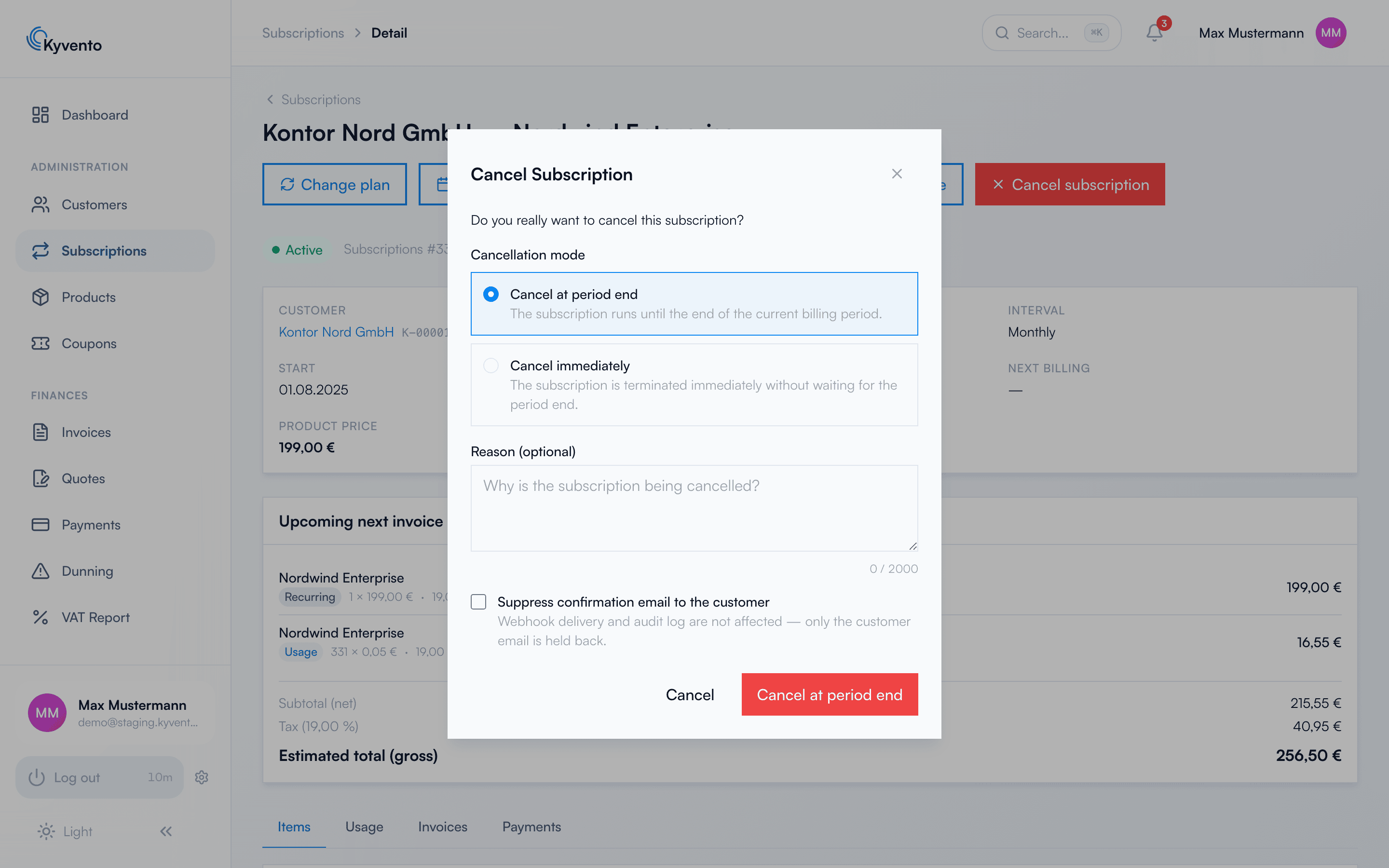 Cancellation dialog with the modes At the end of the period and End immediately