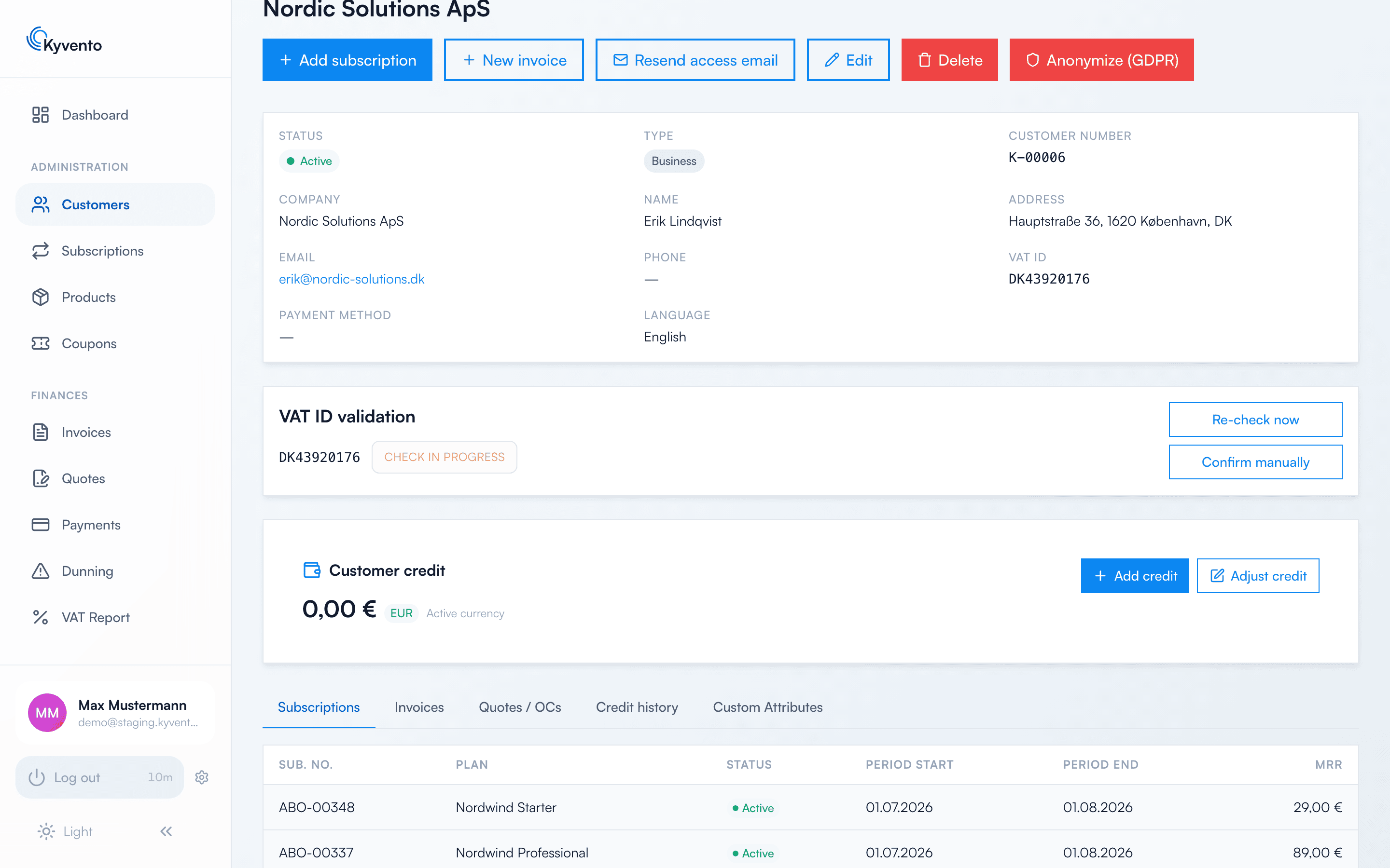 Customer detail page with the customer's subscription table