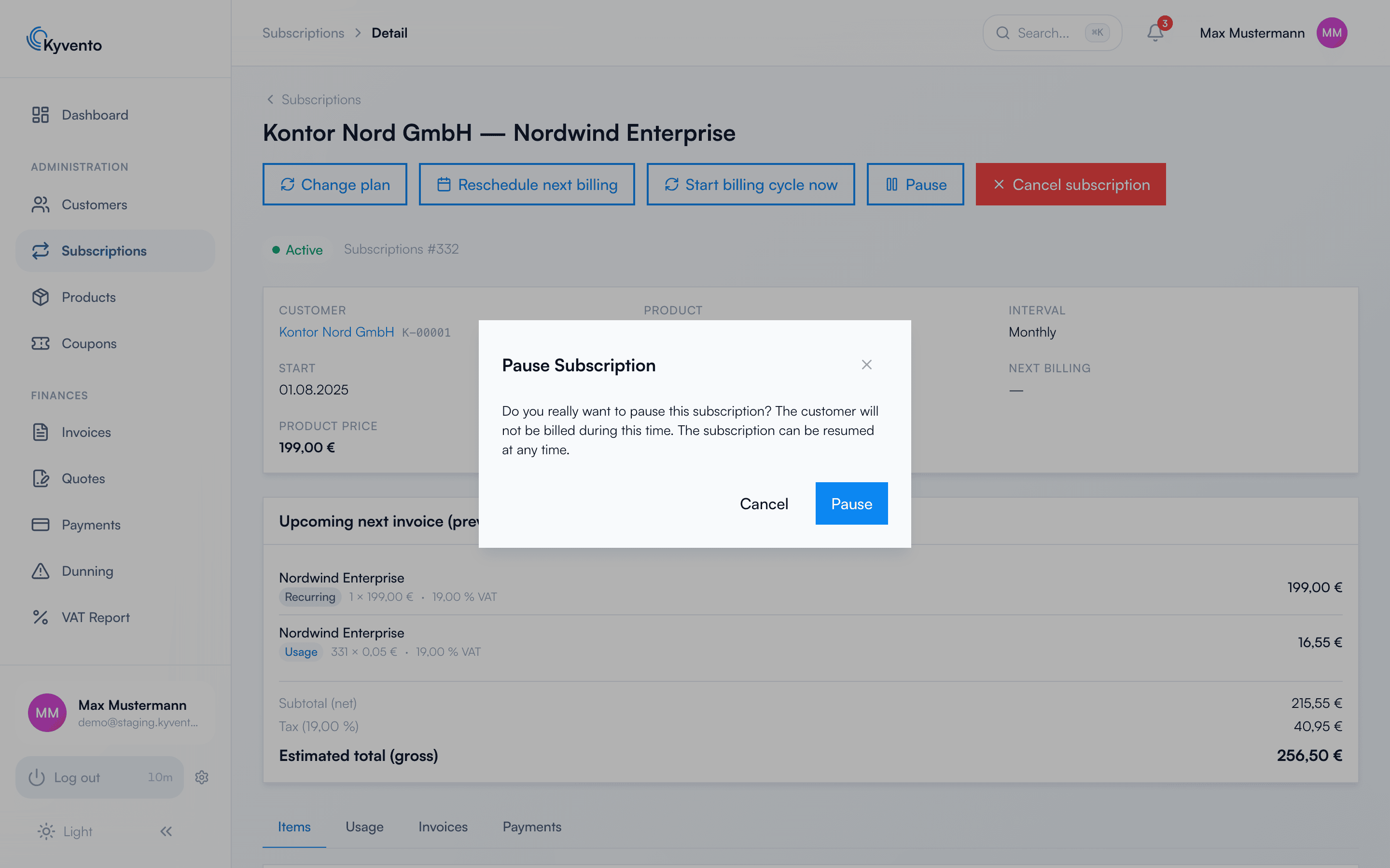 Pause dialog with a confirmation that the customer is not billed
