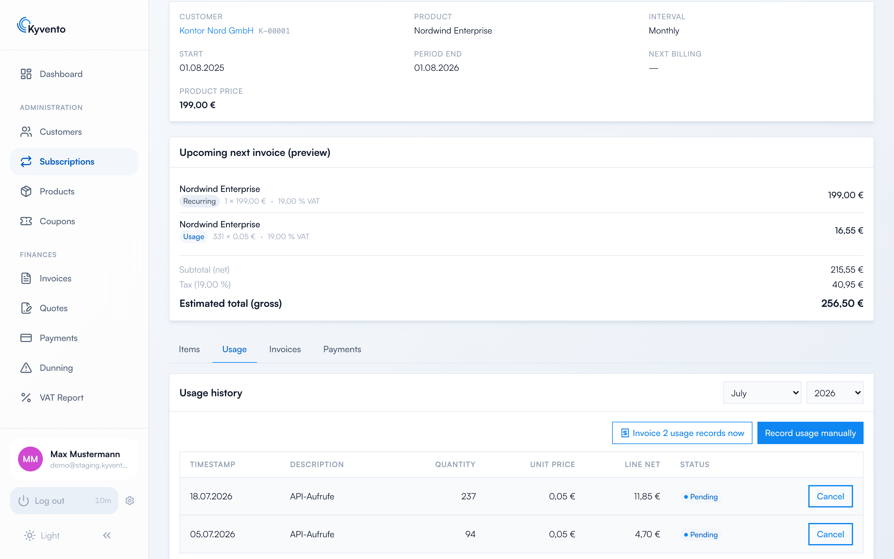 Subscription detail page with the Usage tab and the usage history