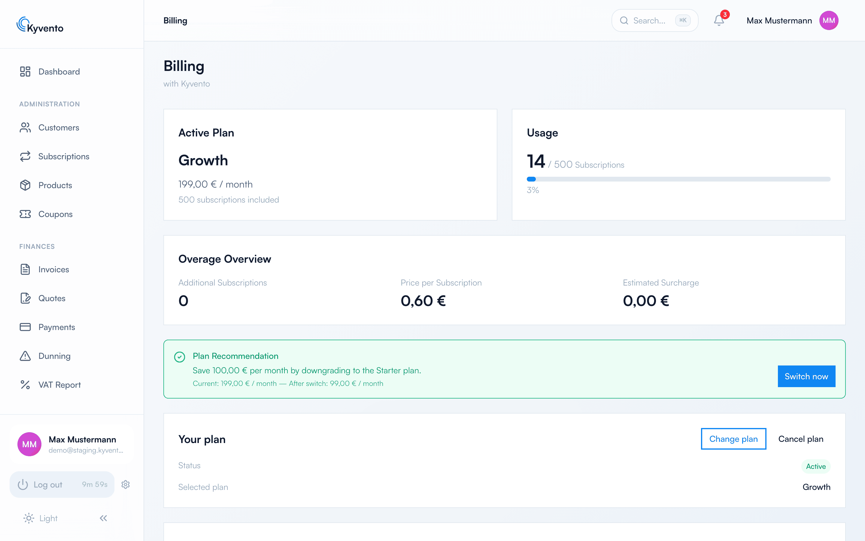 Billing page with trial status, quota usage and plan overview