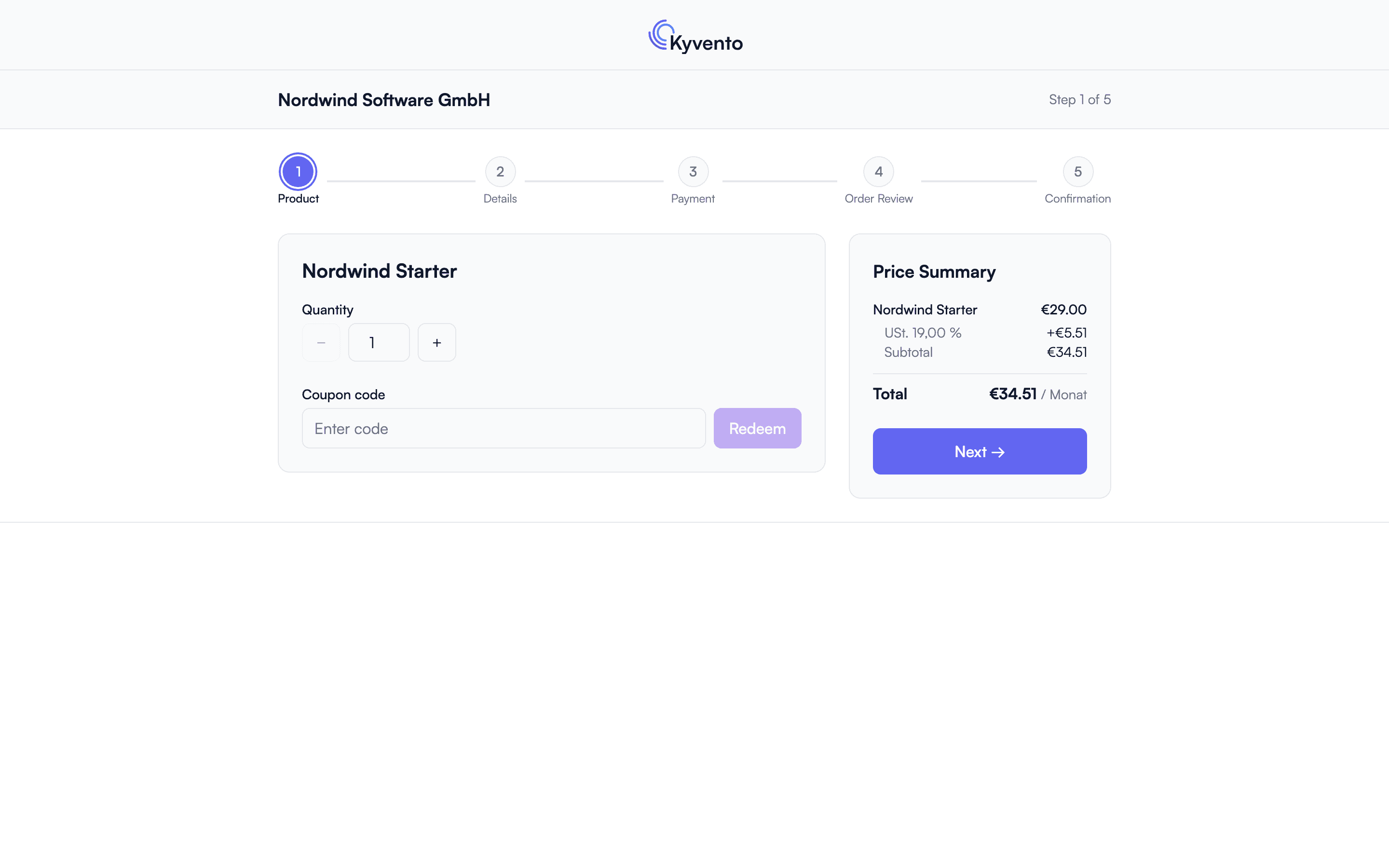 Hosted checkout with product configuration, voucher field, and price summary