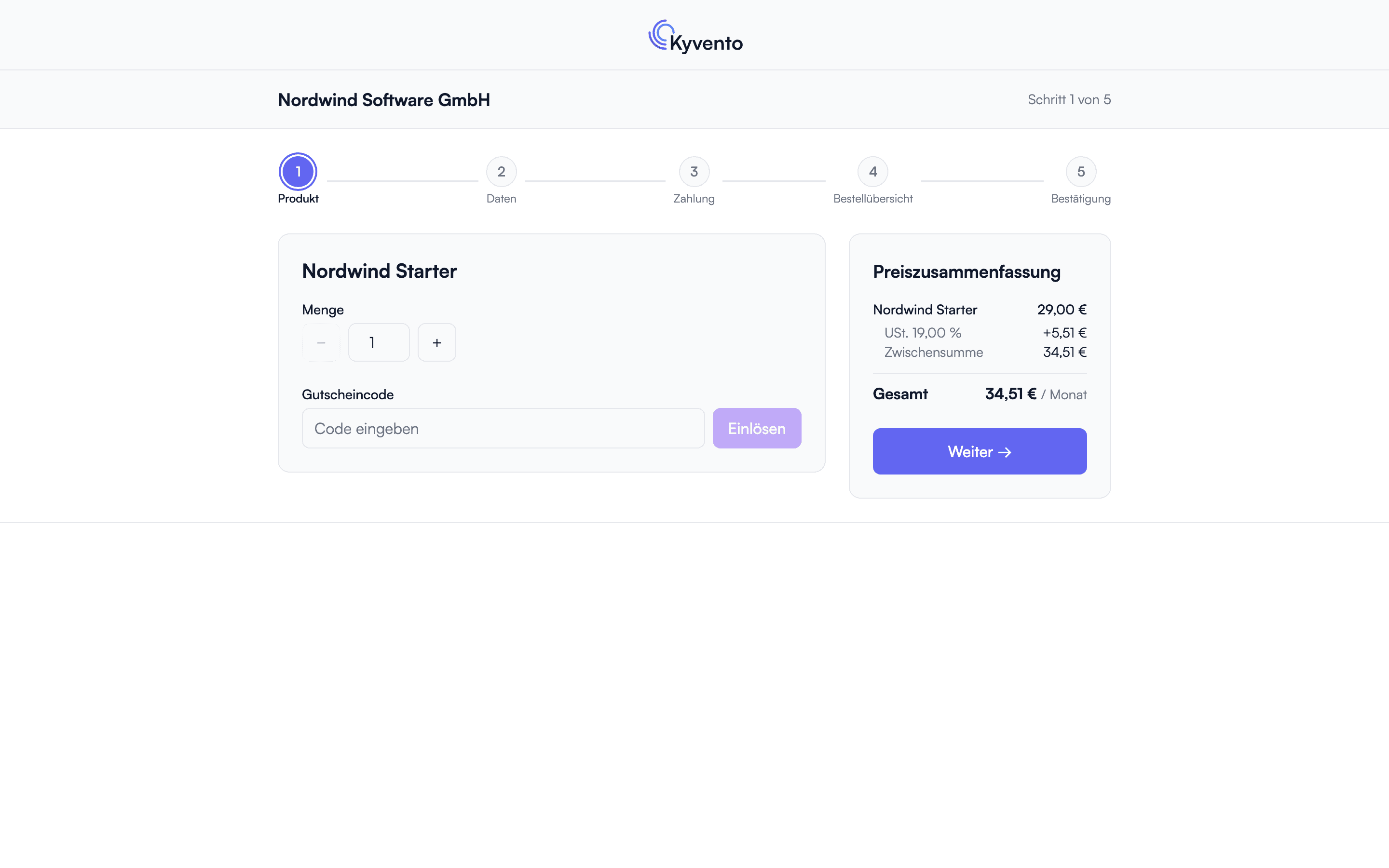 Hosted Checkout mit Produktkonfiguration, Gutscheinfeld und Preiszusammenfassung