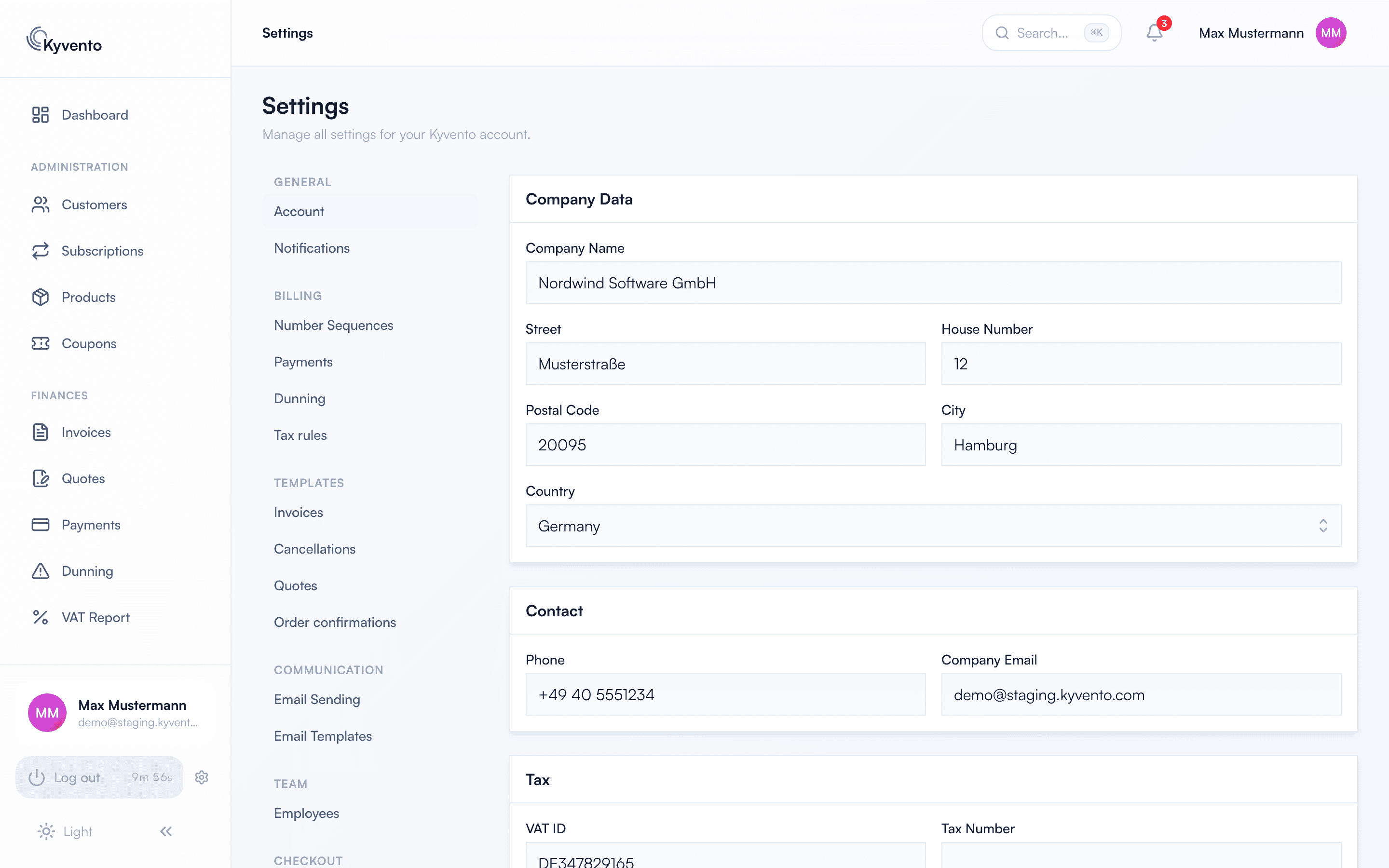 Settings with the Account tab and the Company details card