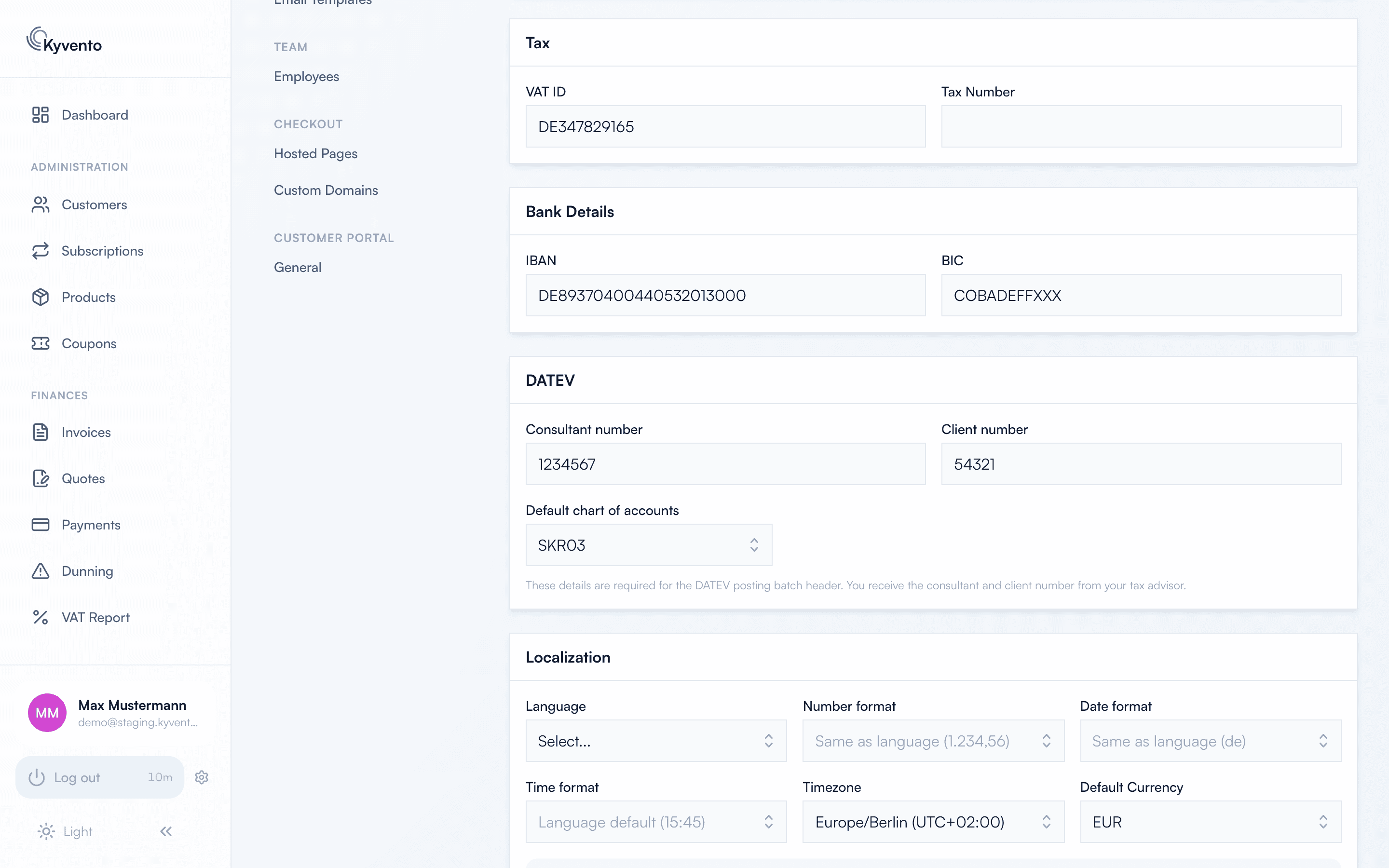 Tax and Bank details cards with VAT ID, tax number, IBAN and BIC