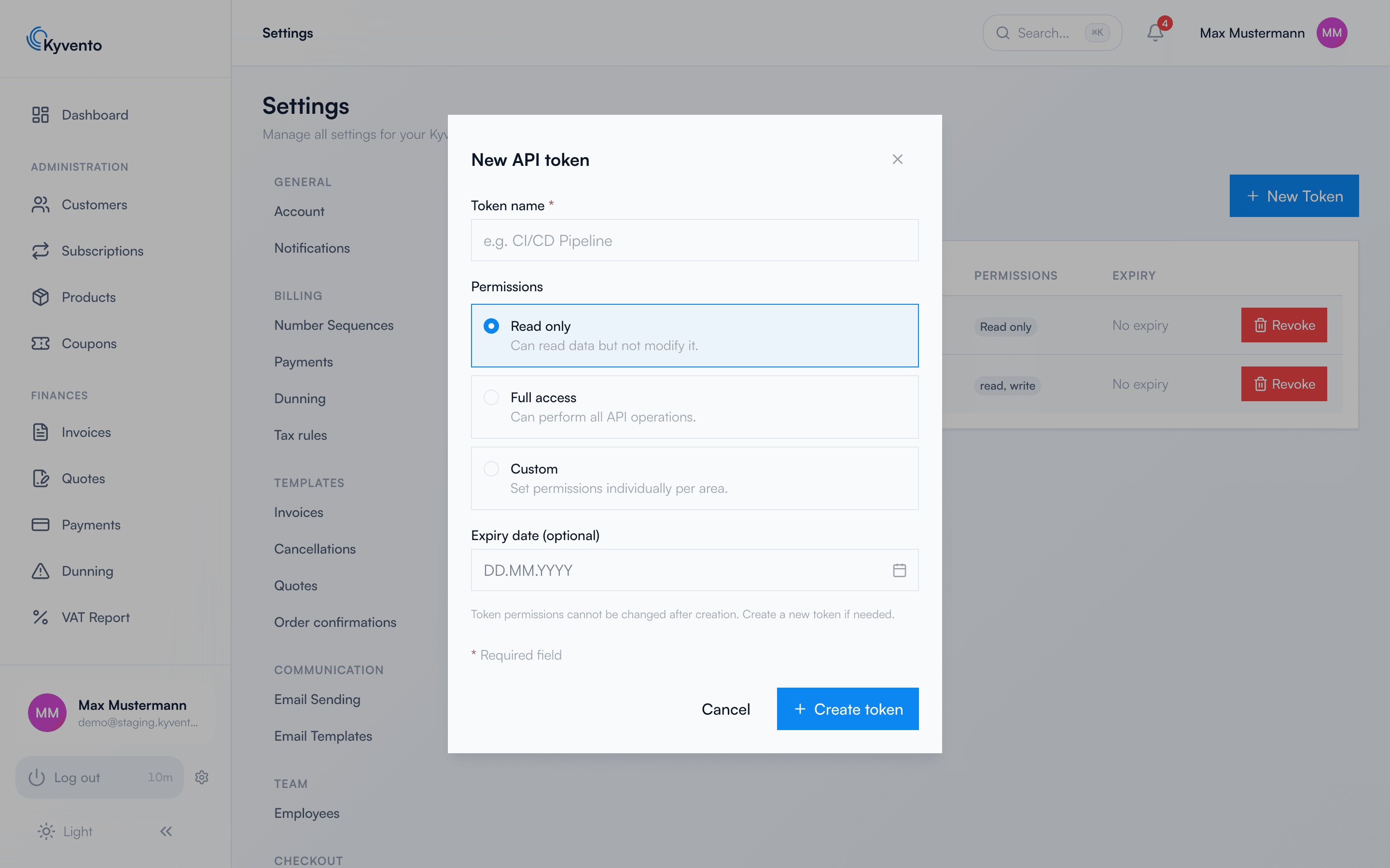 Dialog for creating an API token with name, permissions and expiry date