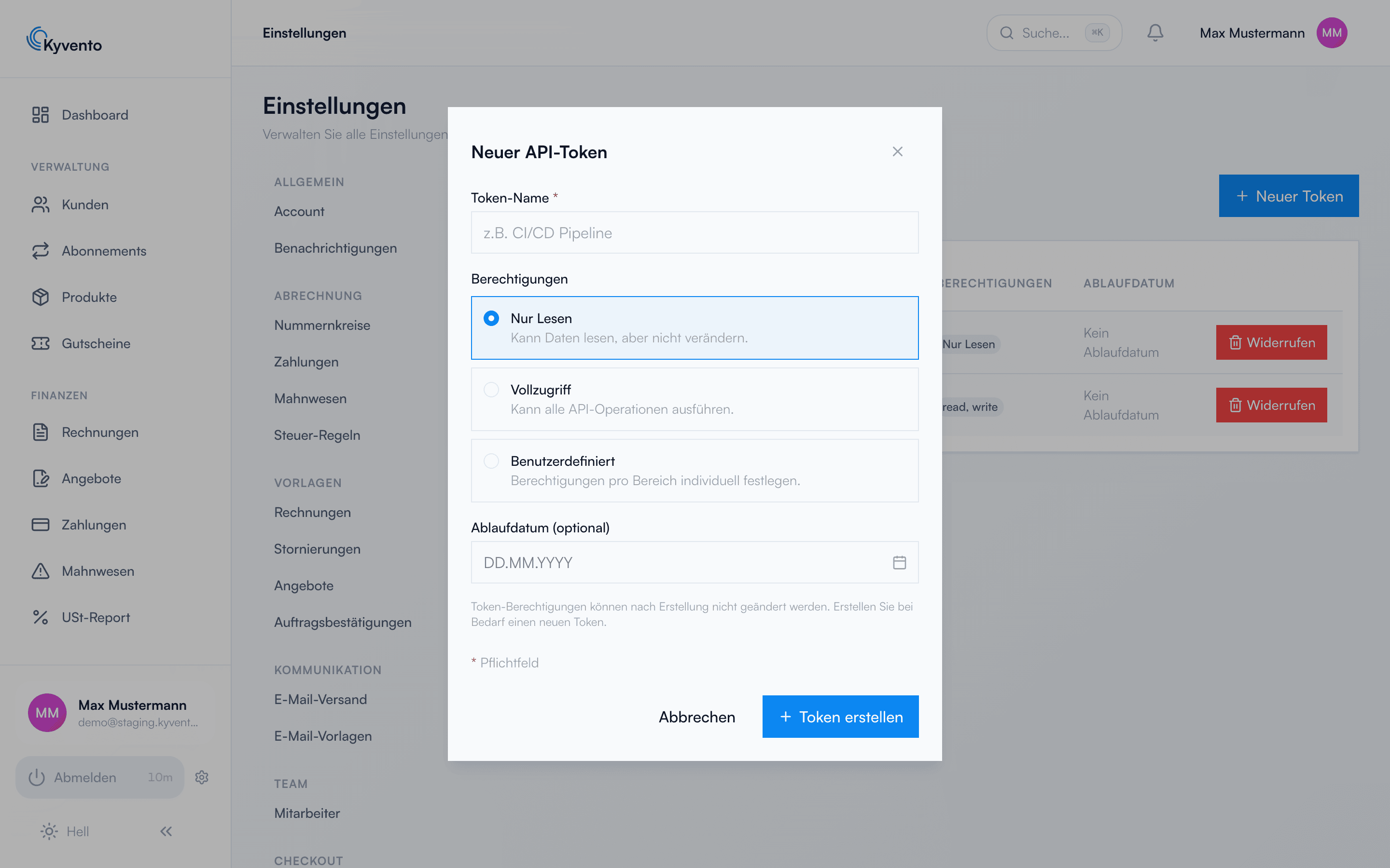 Dialog zum Erstellen eines API-Tokens mit Name, Berechtigungen und Ablaufdatum