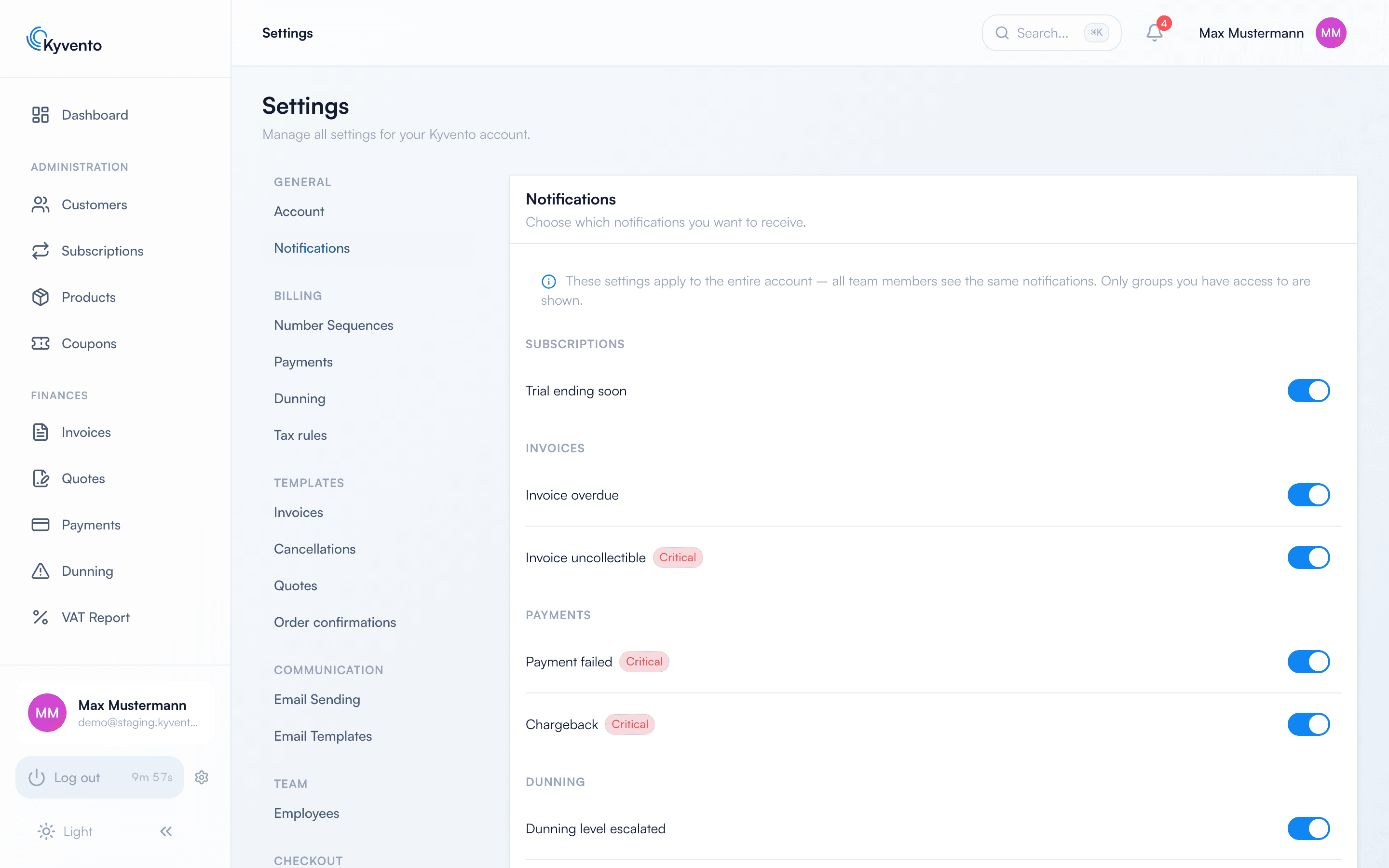 Notification settings with groups for subscriptions, invoices, payments, dunning and system