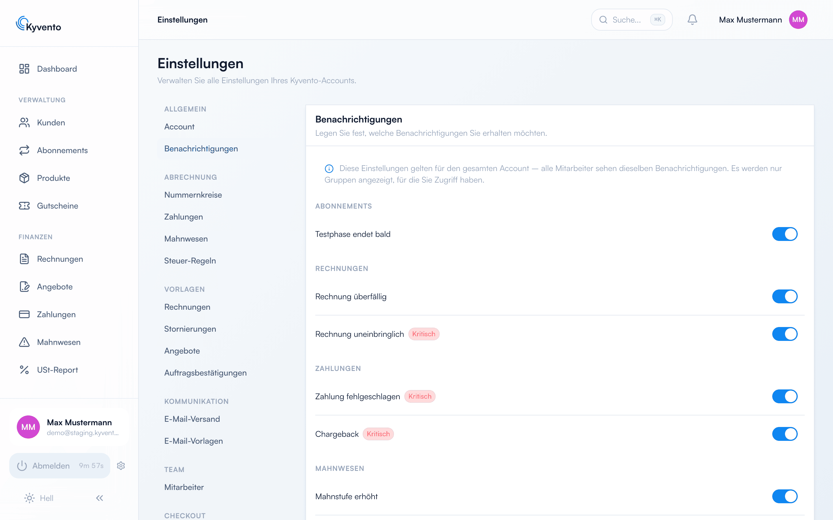 Benachrichtigungs-Einstellungen mit Gruppen für Abonnements, Rechnungen, Zahlungen, Mahnwesen und System