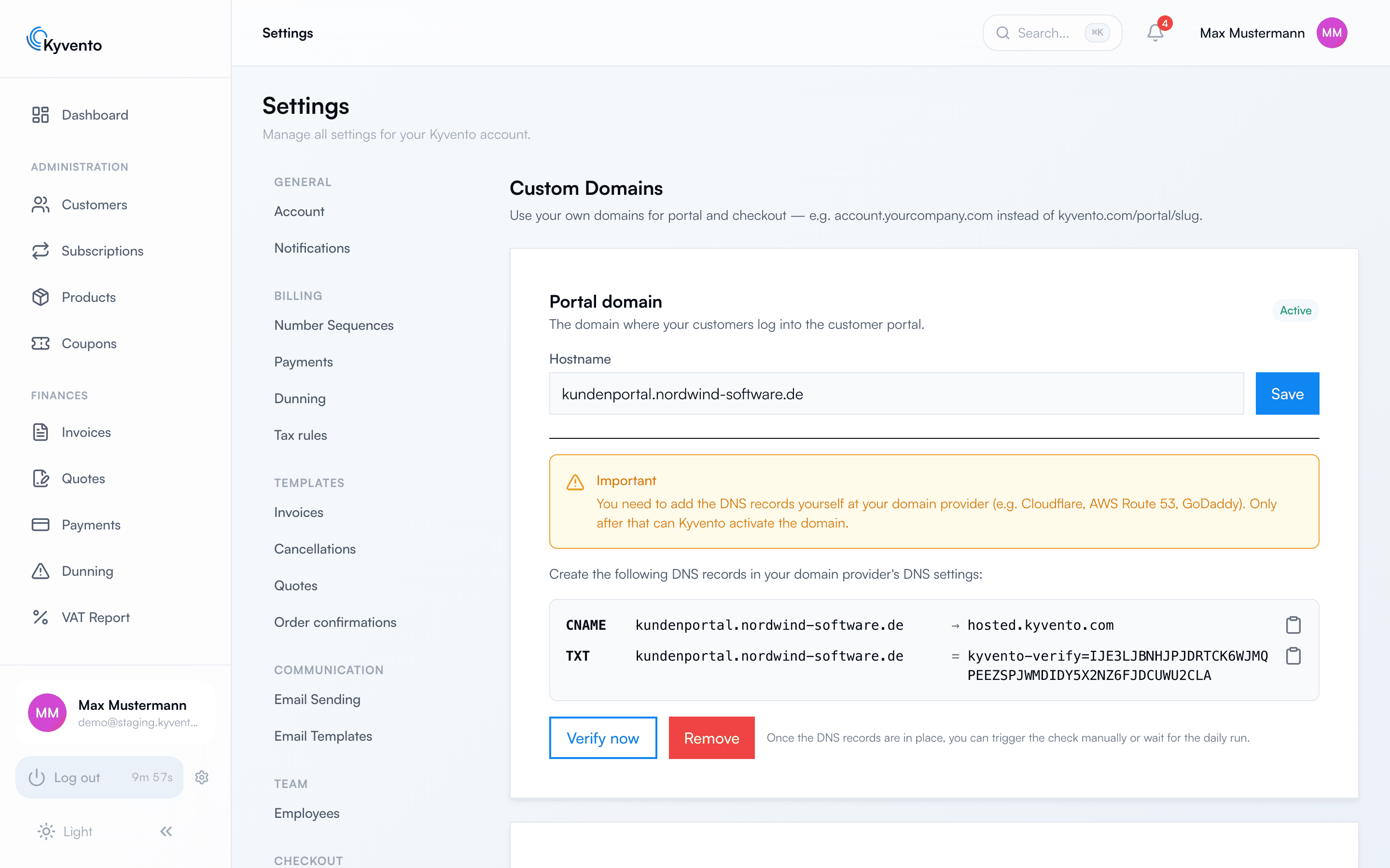 Custom domains settings with portal domain and checkout domain