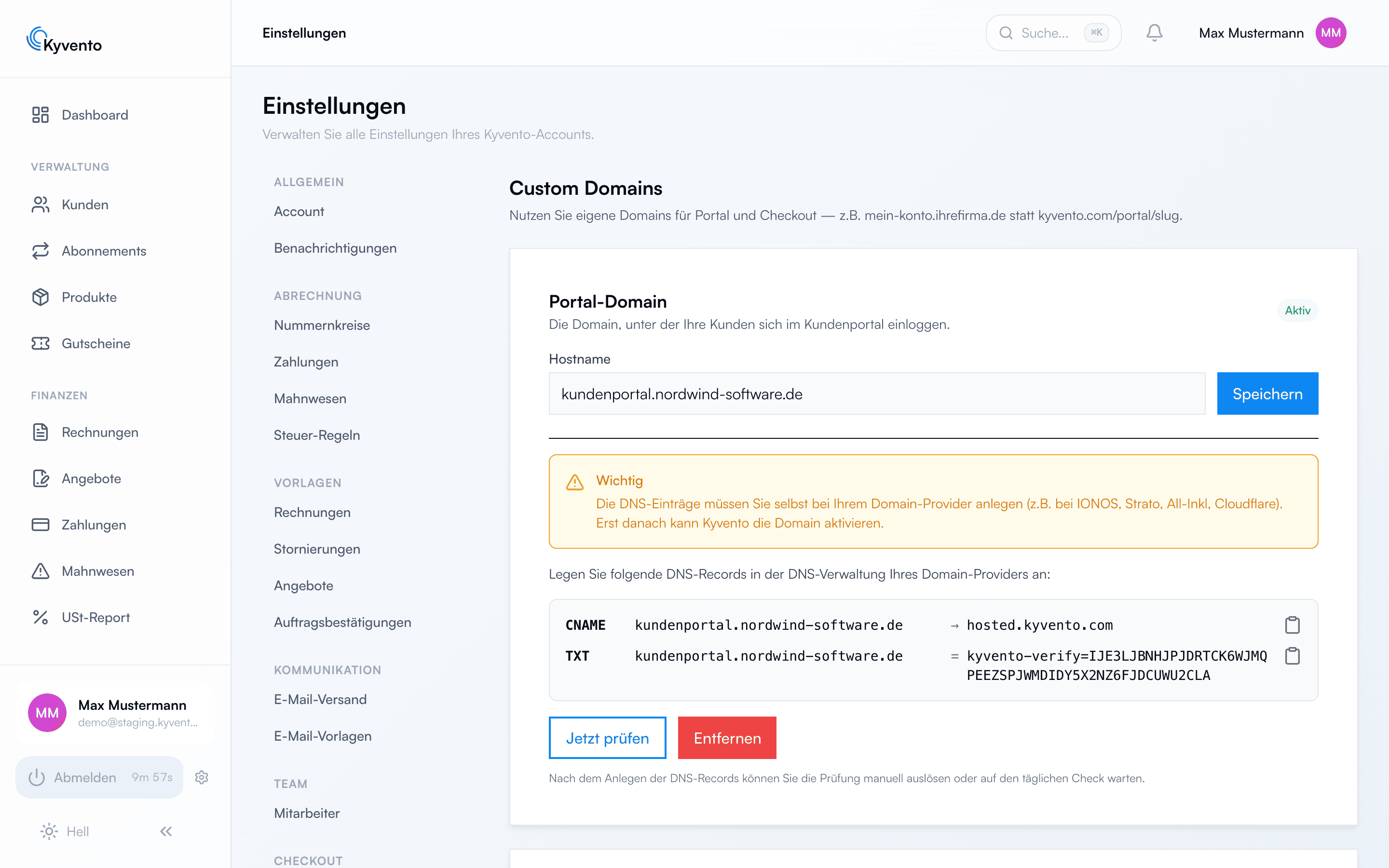 Custom-Domains-Einstellungen mit Portal-Domain und Checkout-Domain
