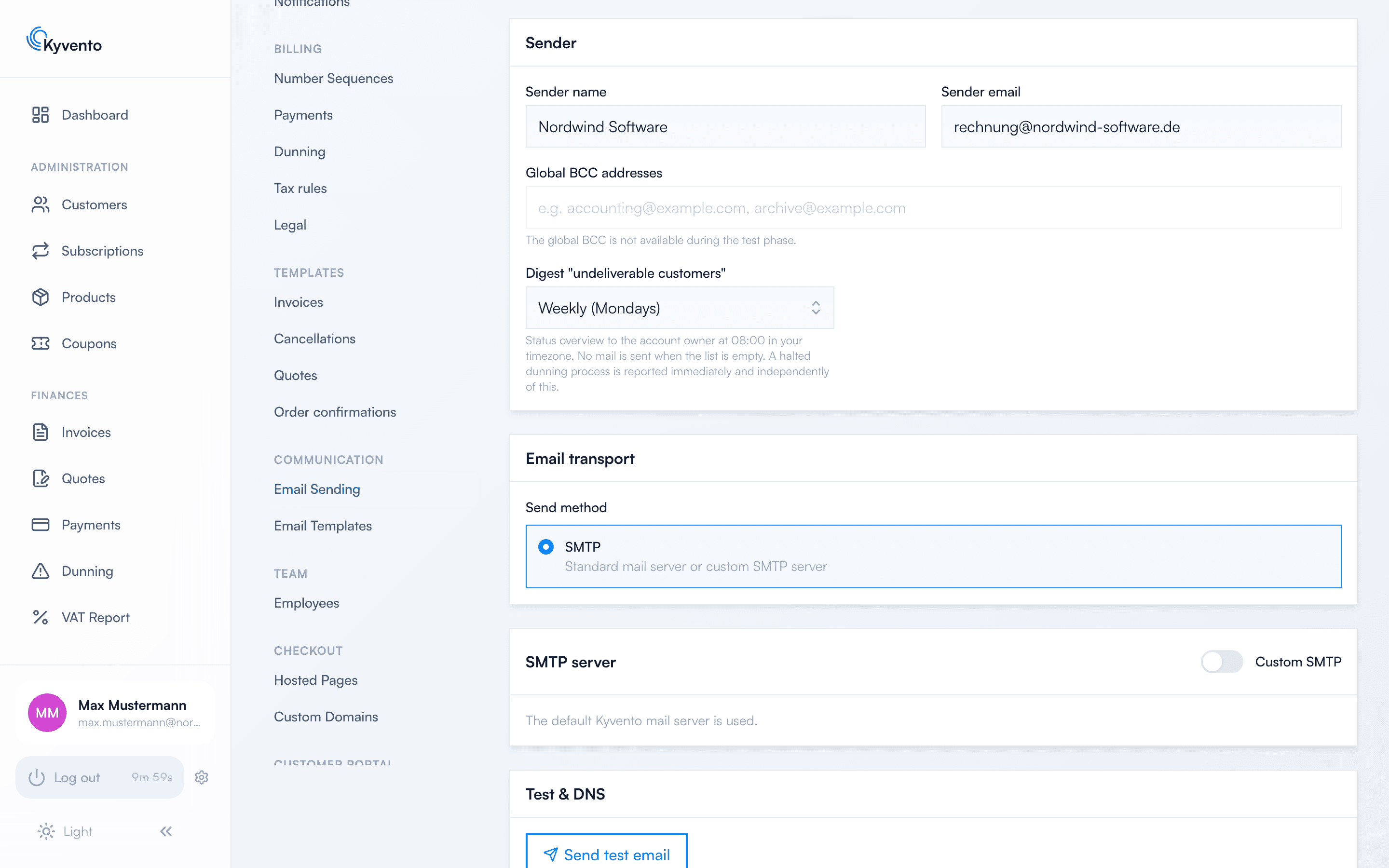 E-mail settings with the selection for the digest “undeliverable customers”