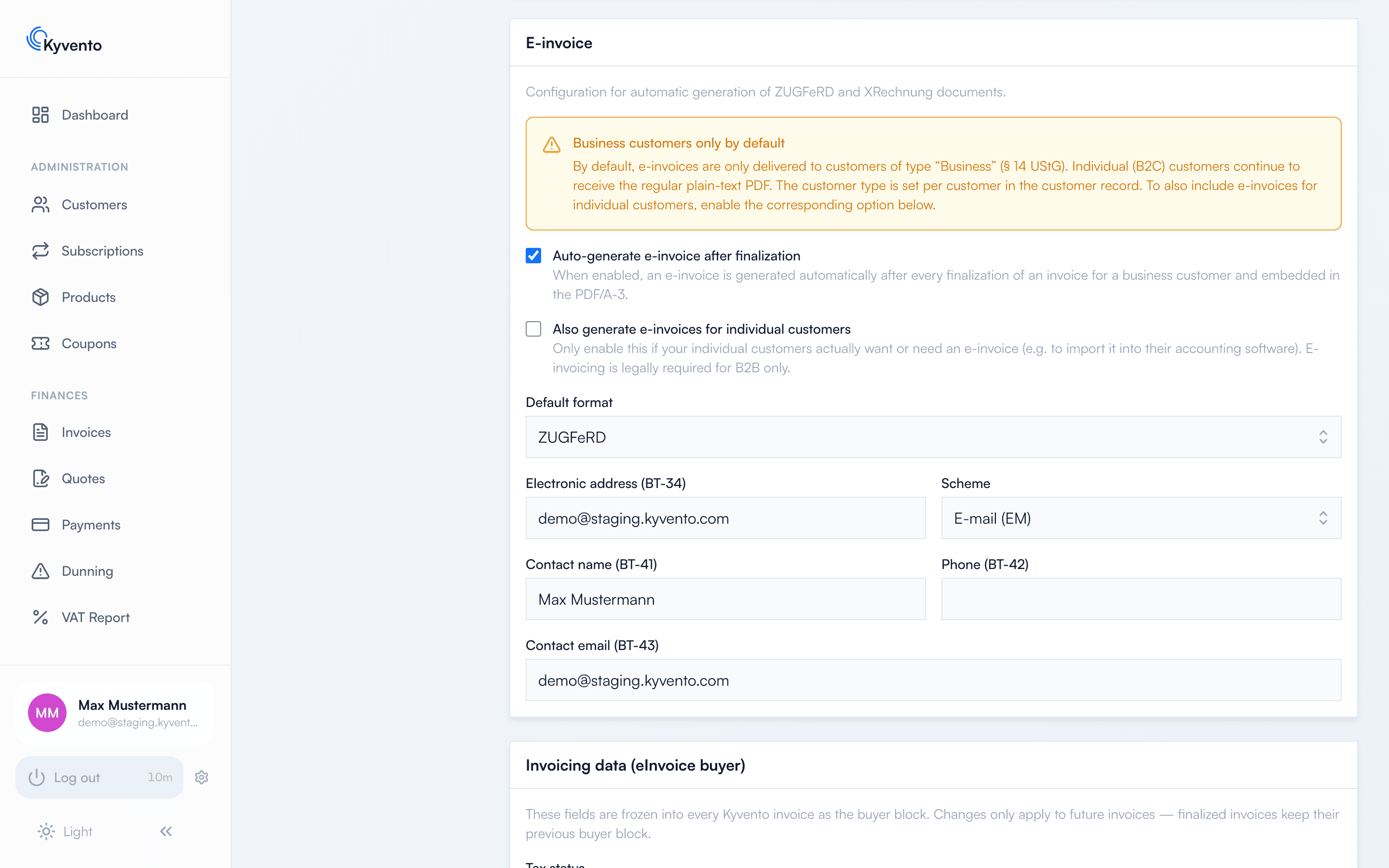 Settings with the E-invoice section and the options for automatic generation