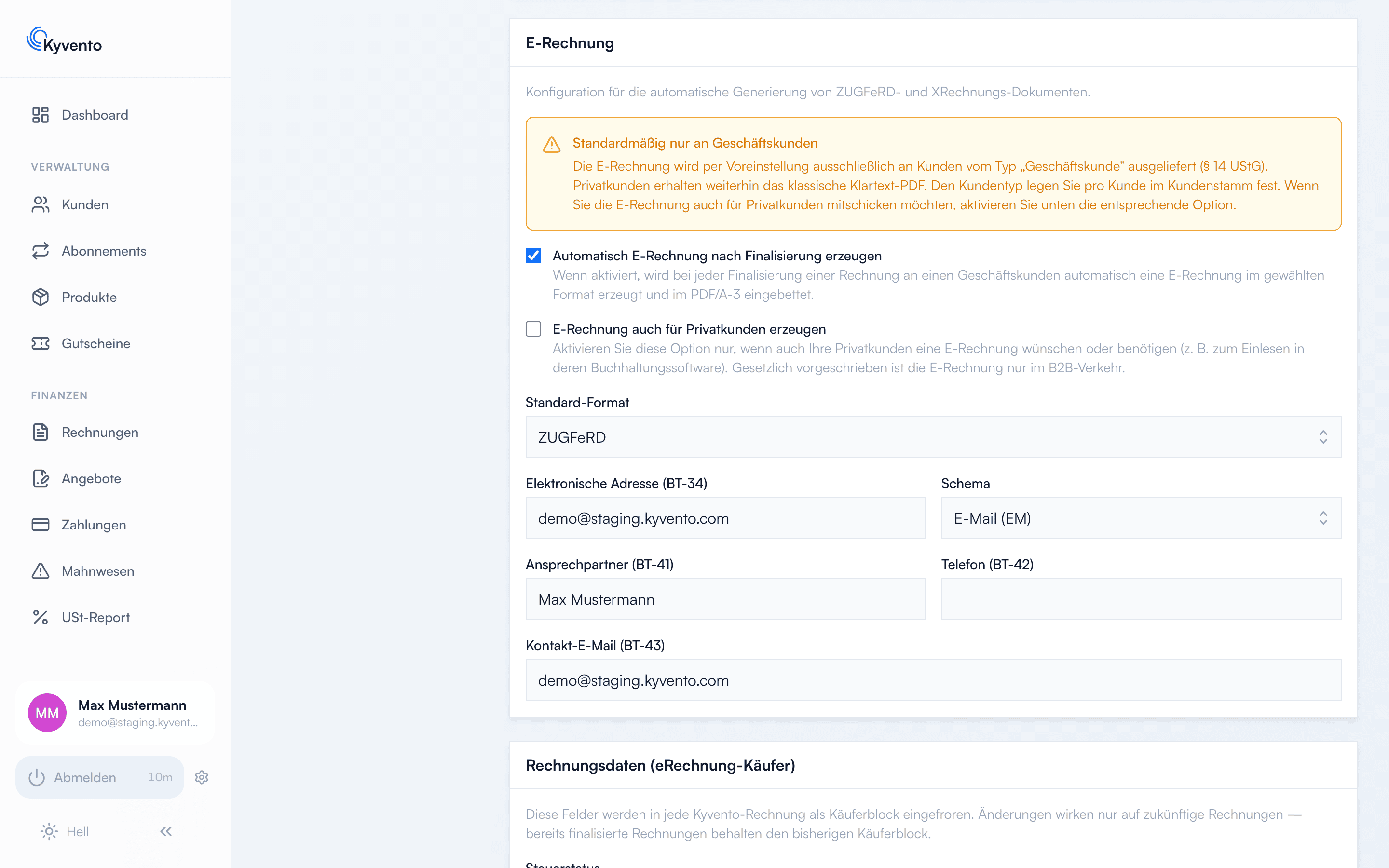 Einstellungen mit dem Abschnitt E-Rechnung und den Optionen zur automatischen Generierung