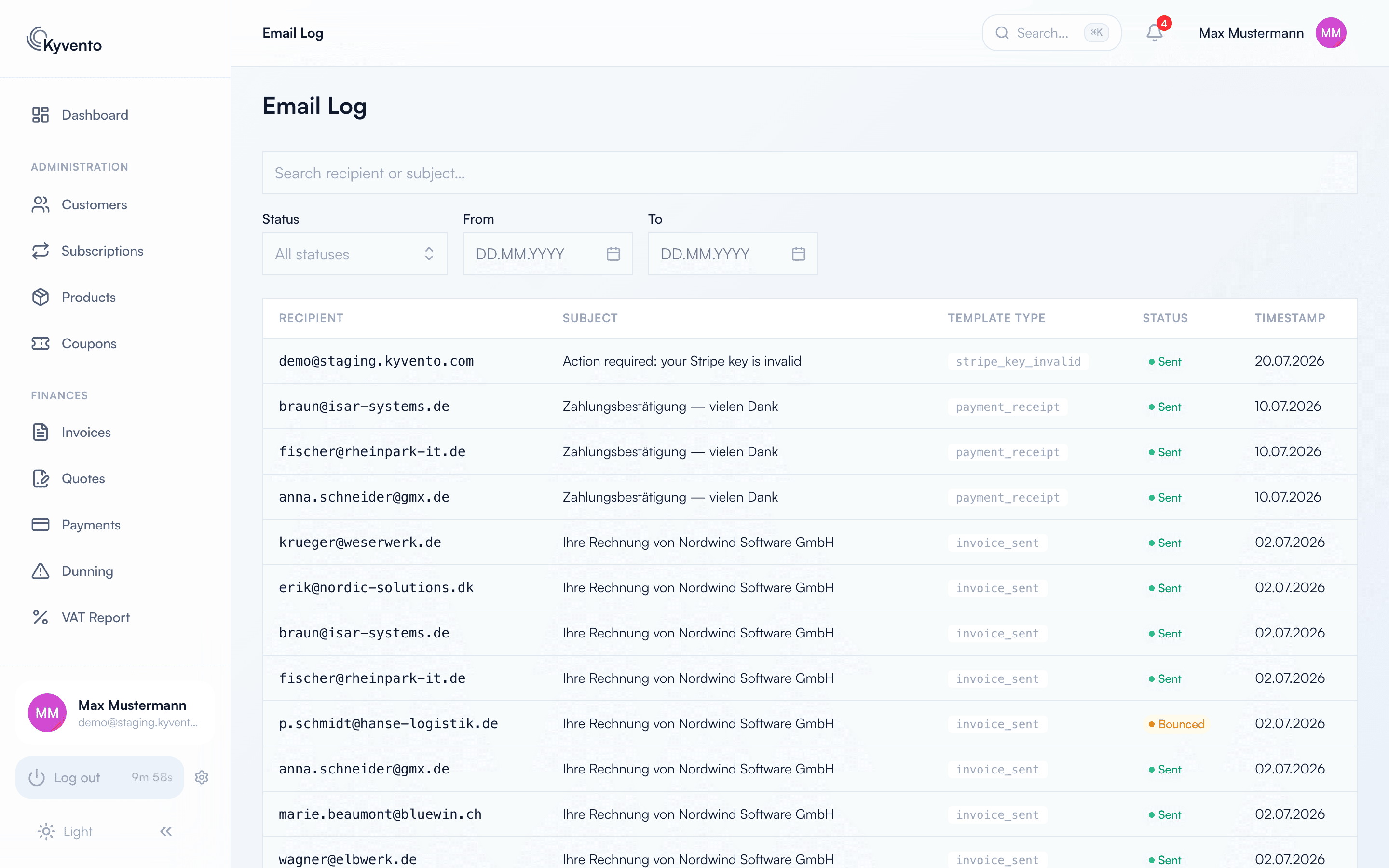 Email log with recipient, subject, template type and status