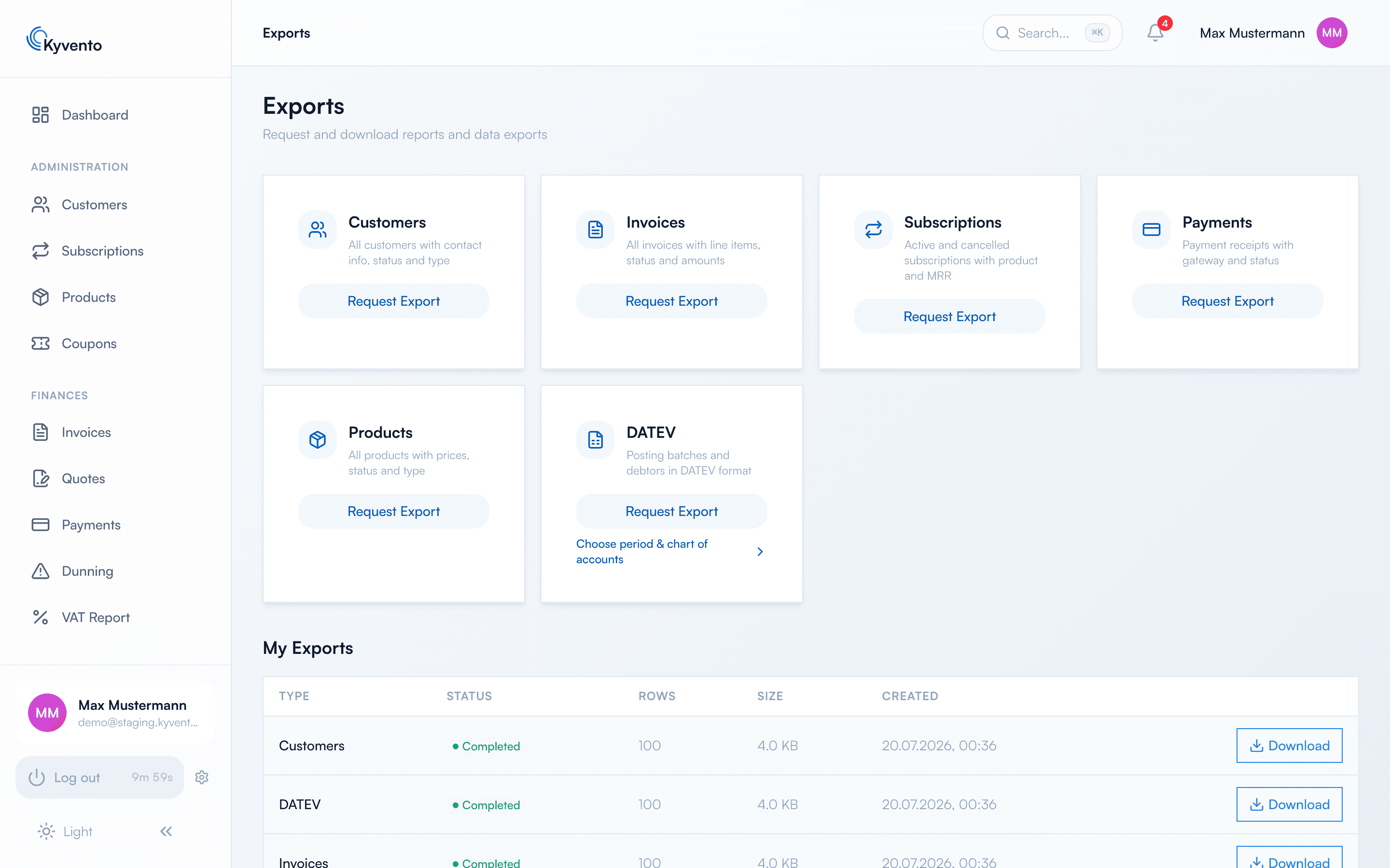 Export page with tiles for customers, invoices, subscriptions and further exports