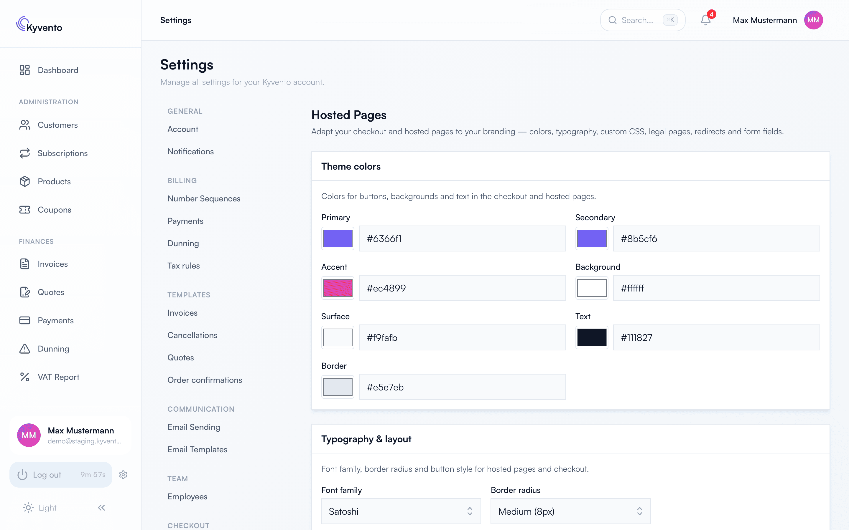 Hosted pages settings with color scheme and typography
