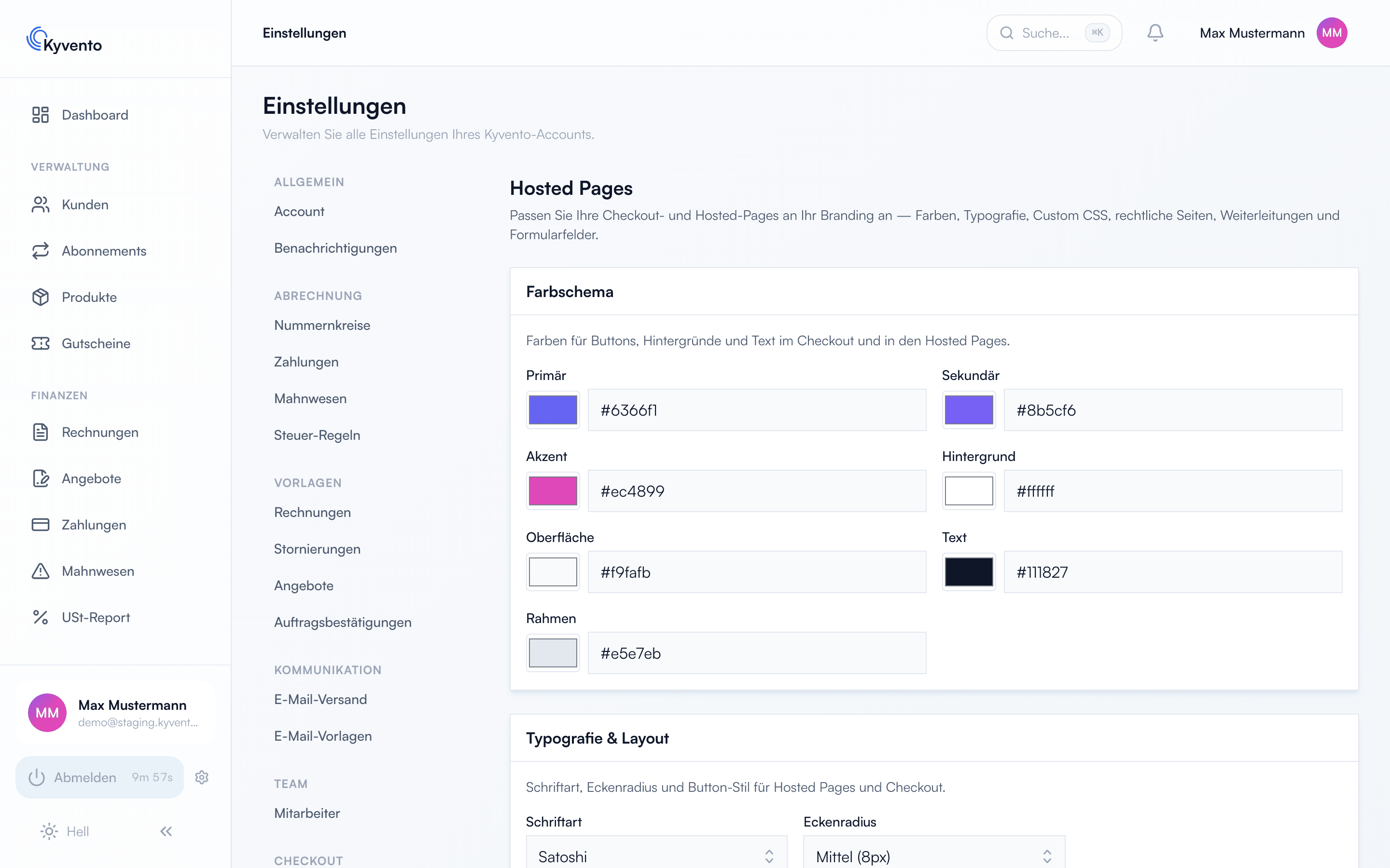 Hosted-Pages-Einstellungen mit Farbschema und Typografie