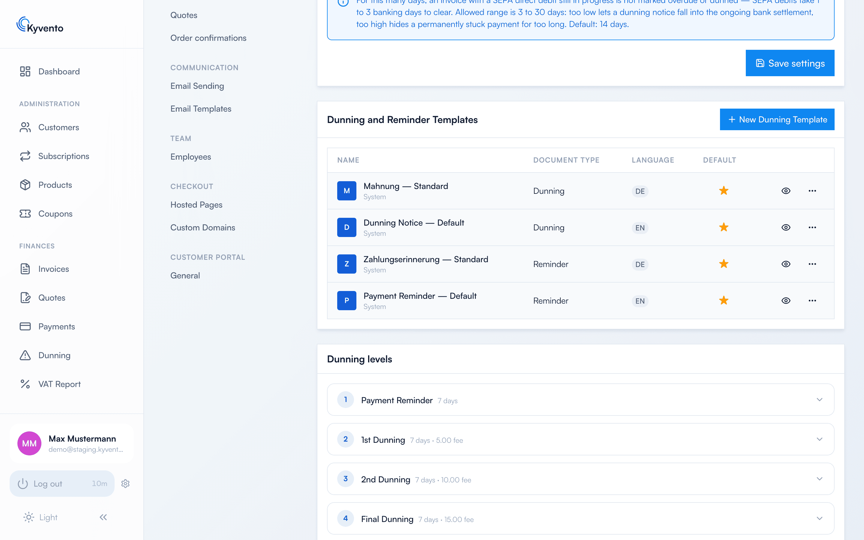 Dunning settings with the template table and the four dunning levels