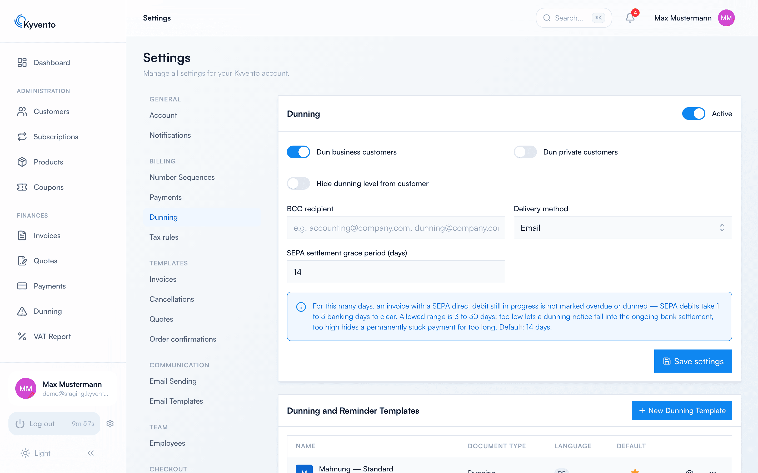 Dunning settings with the switch enabled and basic options