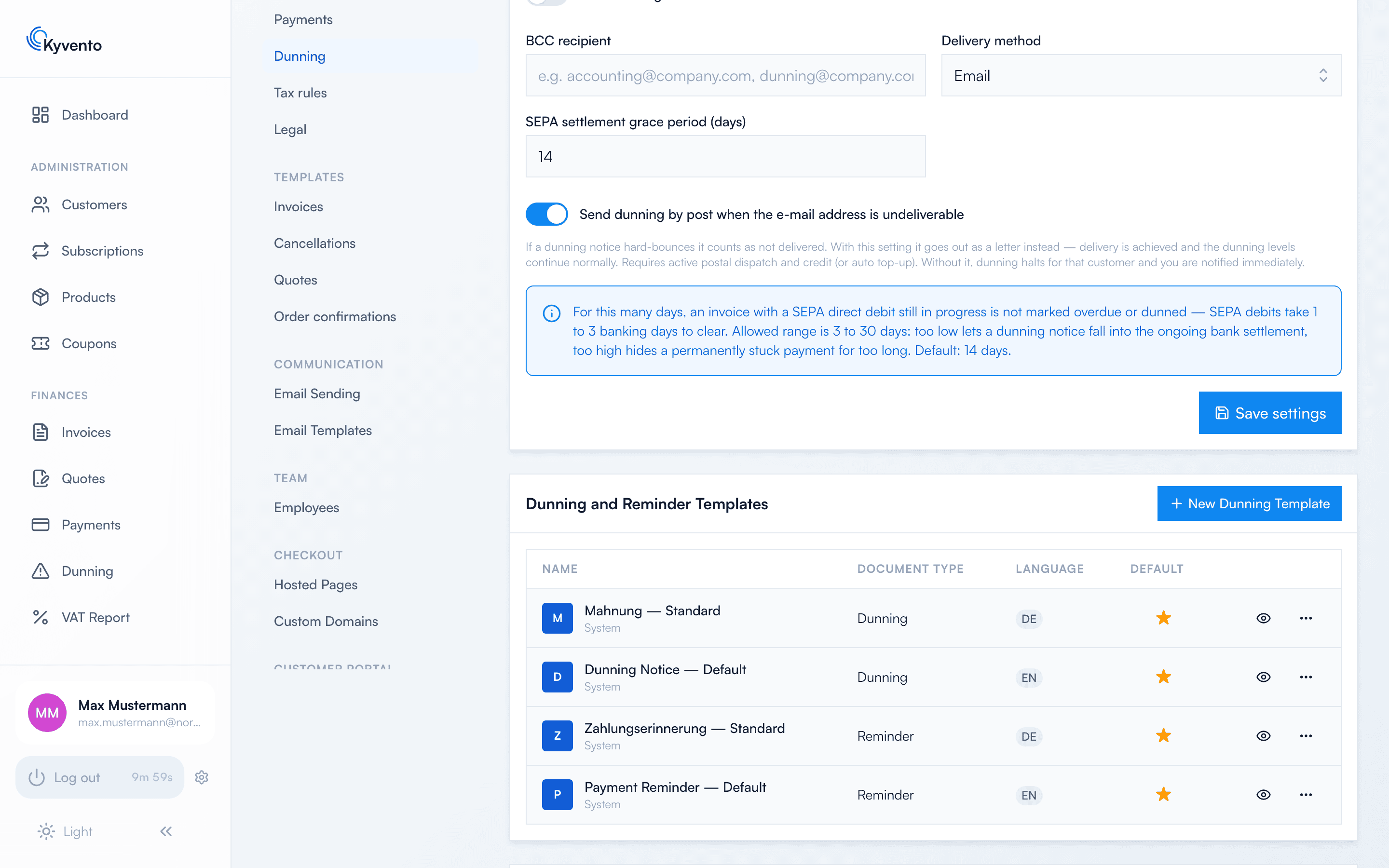 Dunning settings with the option “Send dunning by post when the e-mail address is undeliverable”