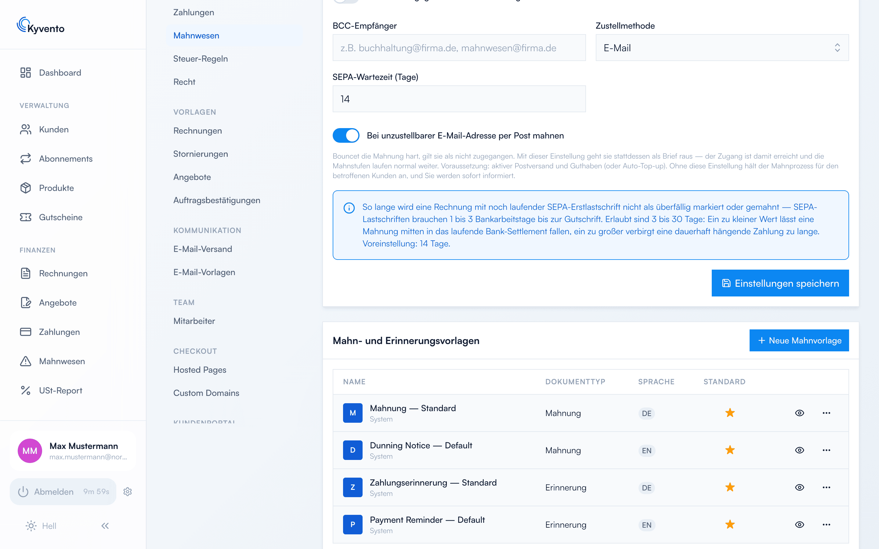 Mahneinstellungen mit der Option „Bei unzustellbarer E-Mail-Adresse per Post mahnen“