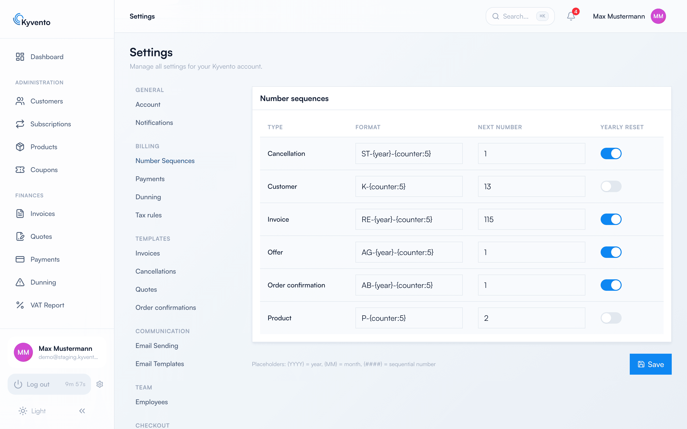 Settings with the table of number ranges