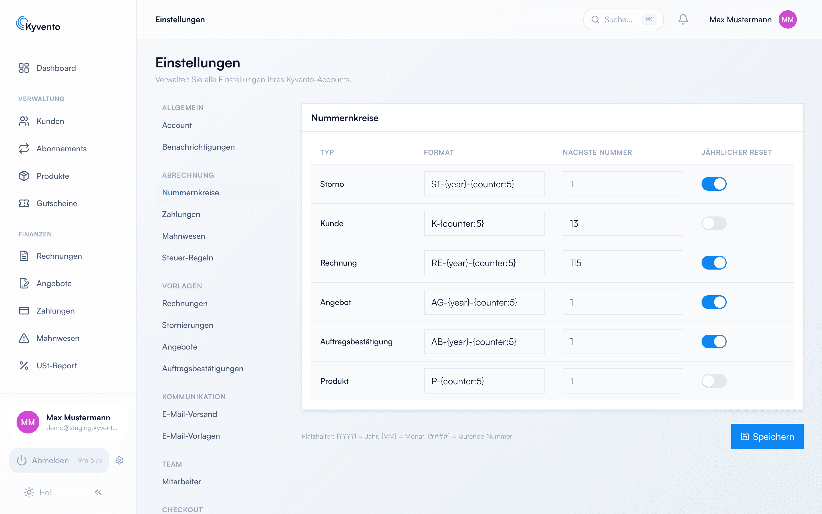 Einstellungen mit der Tabelle der Nummernkreise