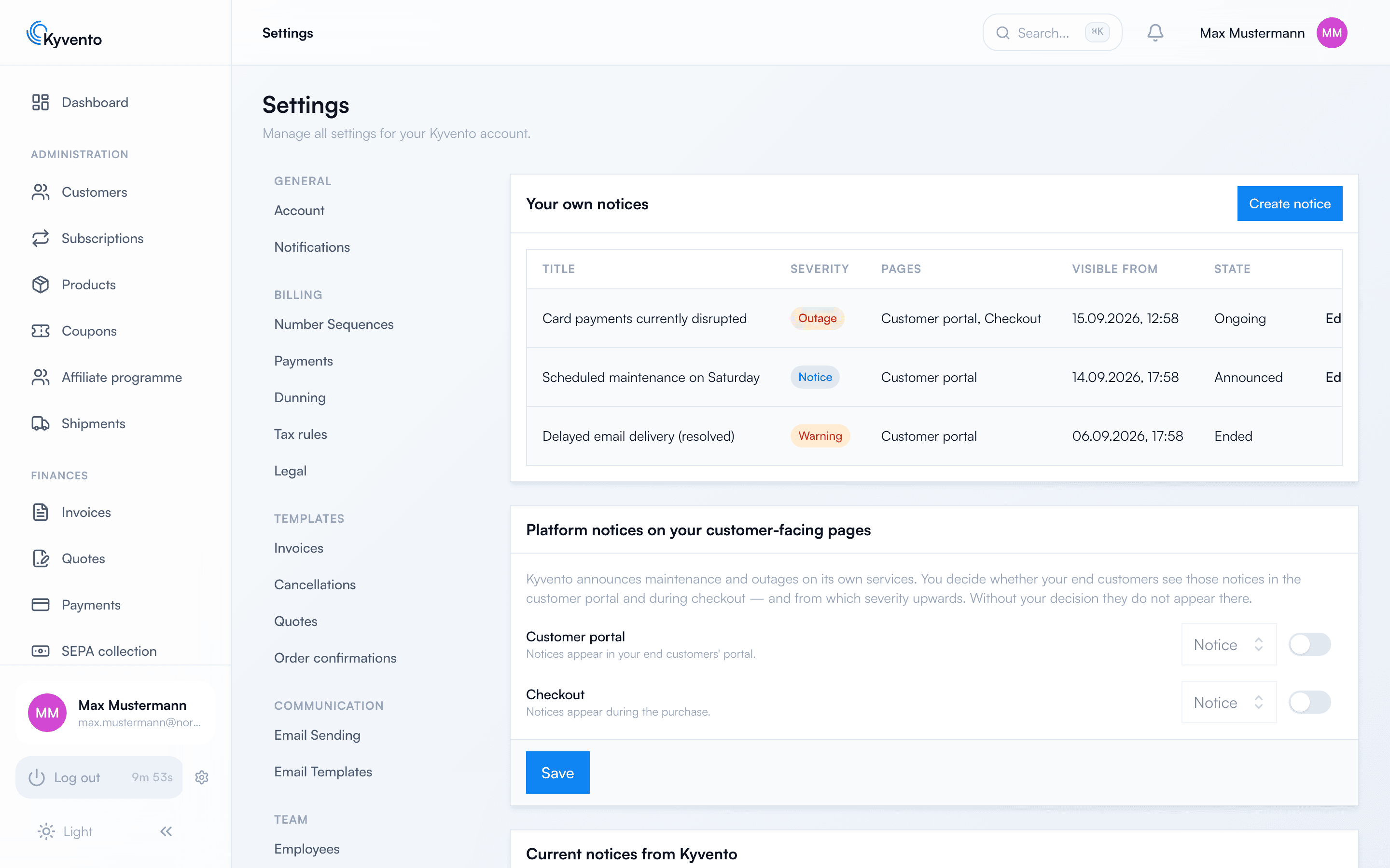 Settings tab Service notices with the overview of your own notices and their state