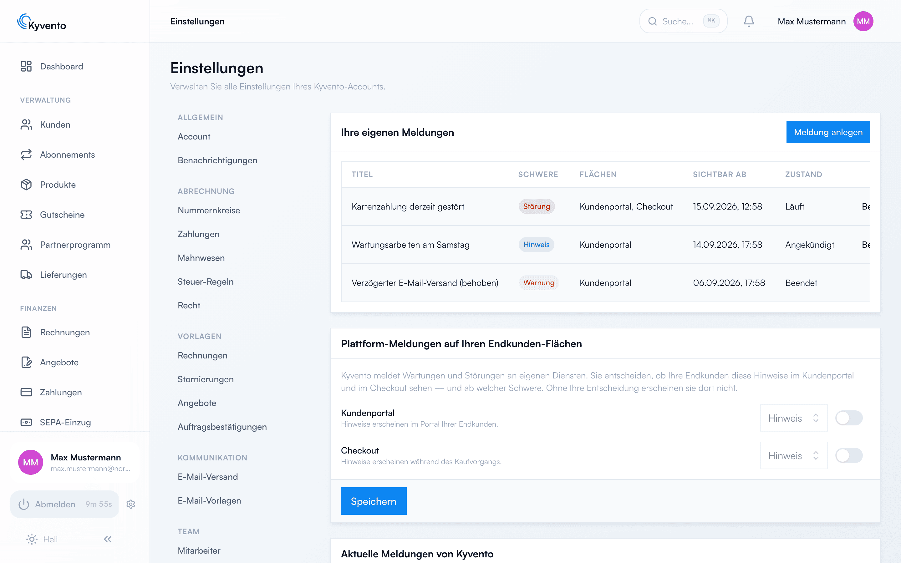 Einstellungen-Tab „Störungsmeldungen“ mit der Übersicht der eigenen Meldungen und ihrem Zustand