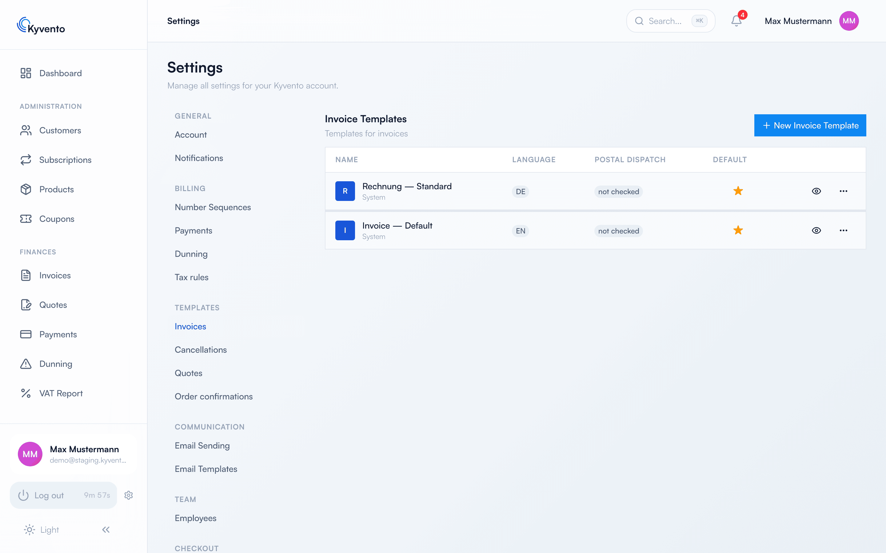 Invoice template management with system templates in German and English