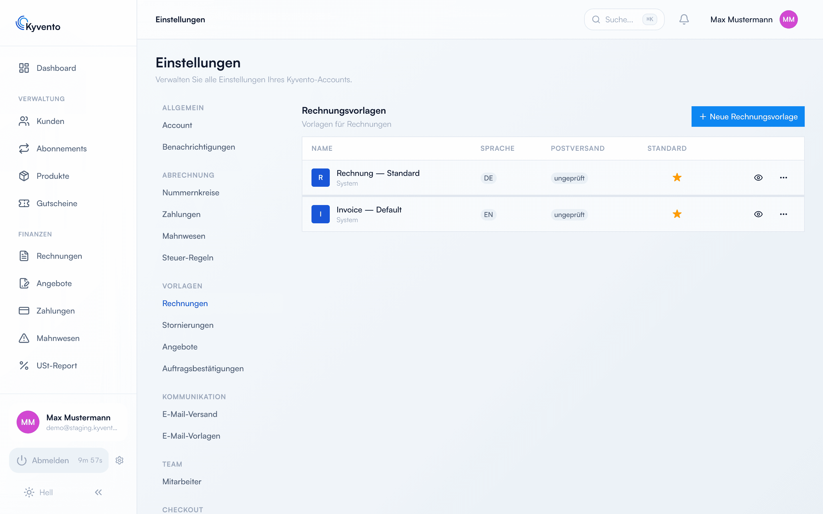 Rechnungsvorlagen-Verwaltung mit Systemvorlagen in Deutsch und Englisch
