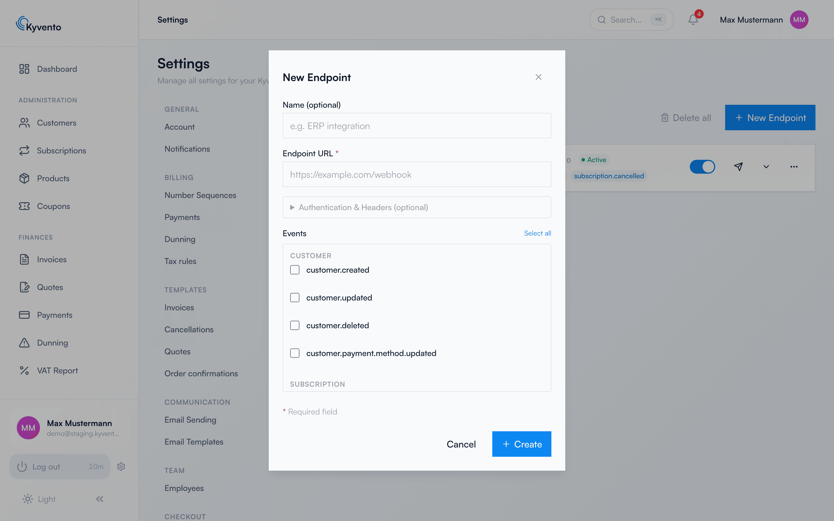 New endpoint dialog with URL field and event checkboxes