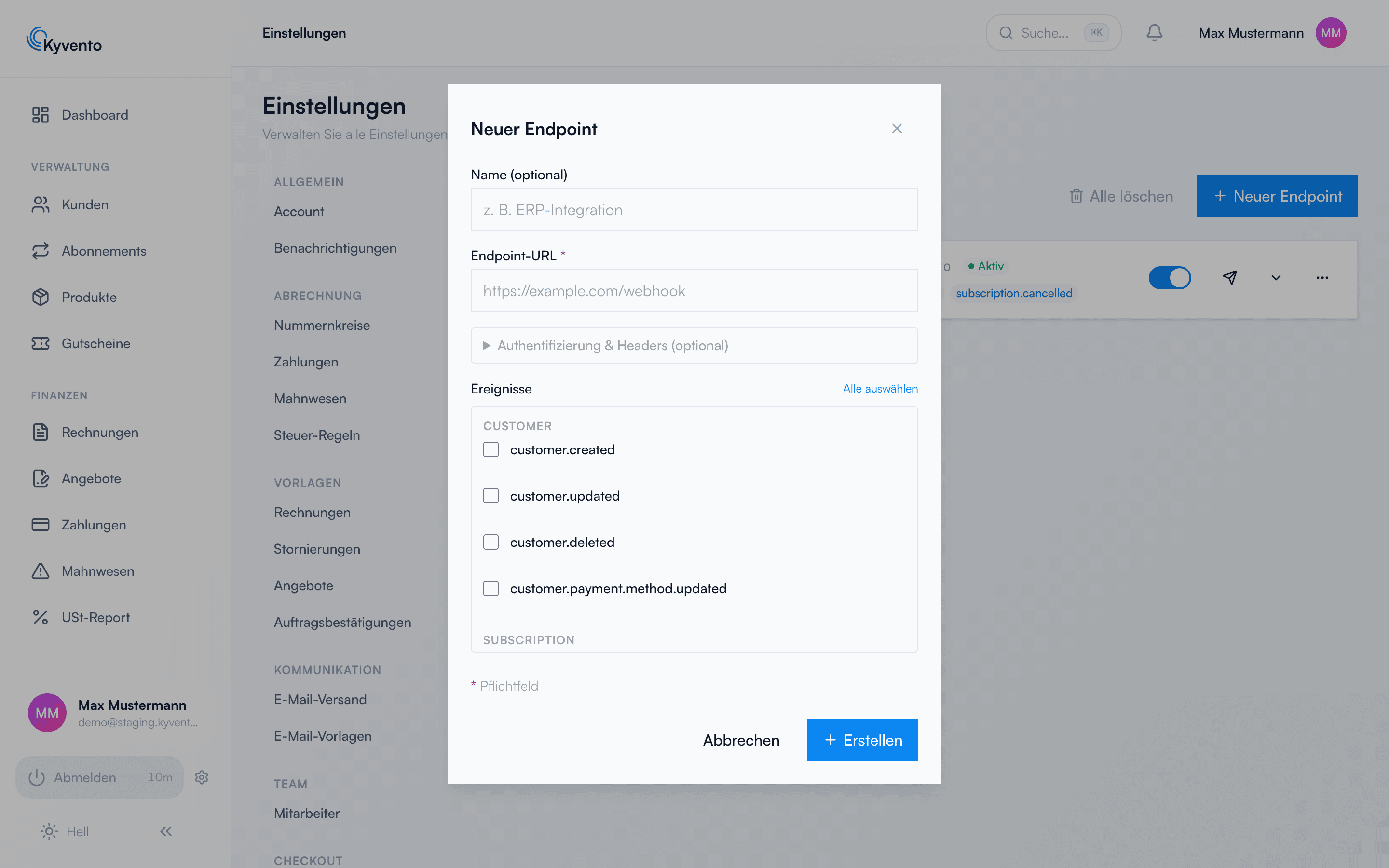 Dialog Neuer Endpoint mit URL-Feld und Ereignis-Checkboxen