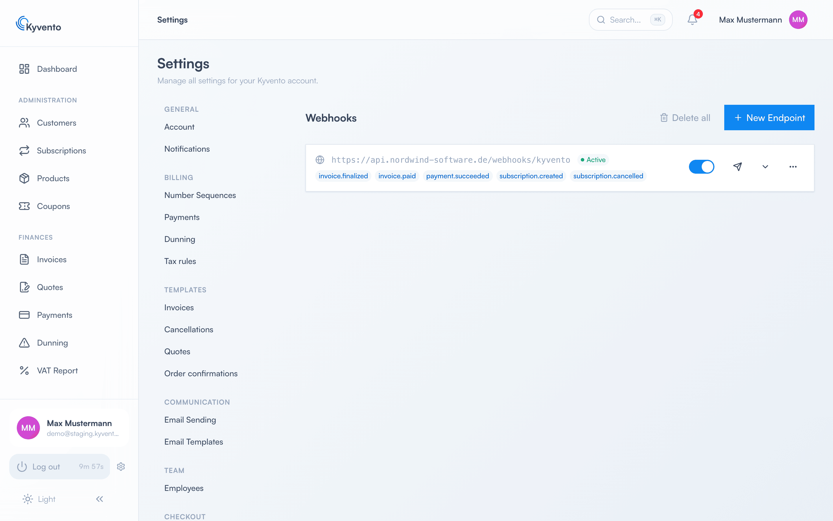 Settings with the Webhooks tab