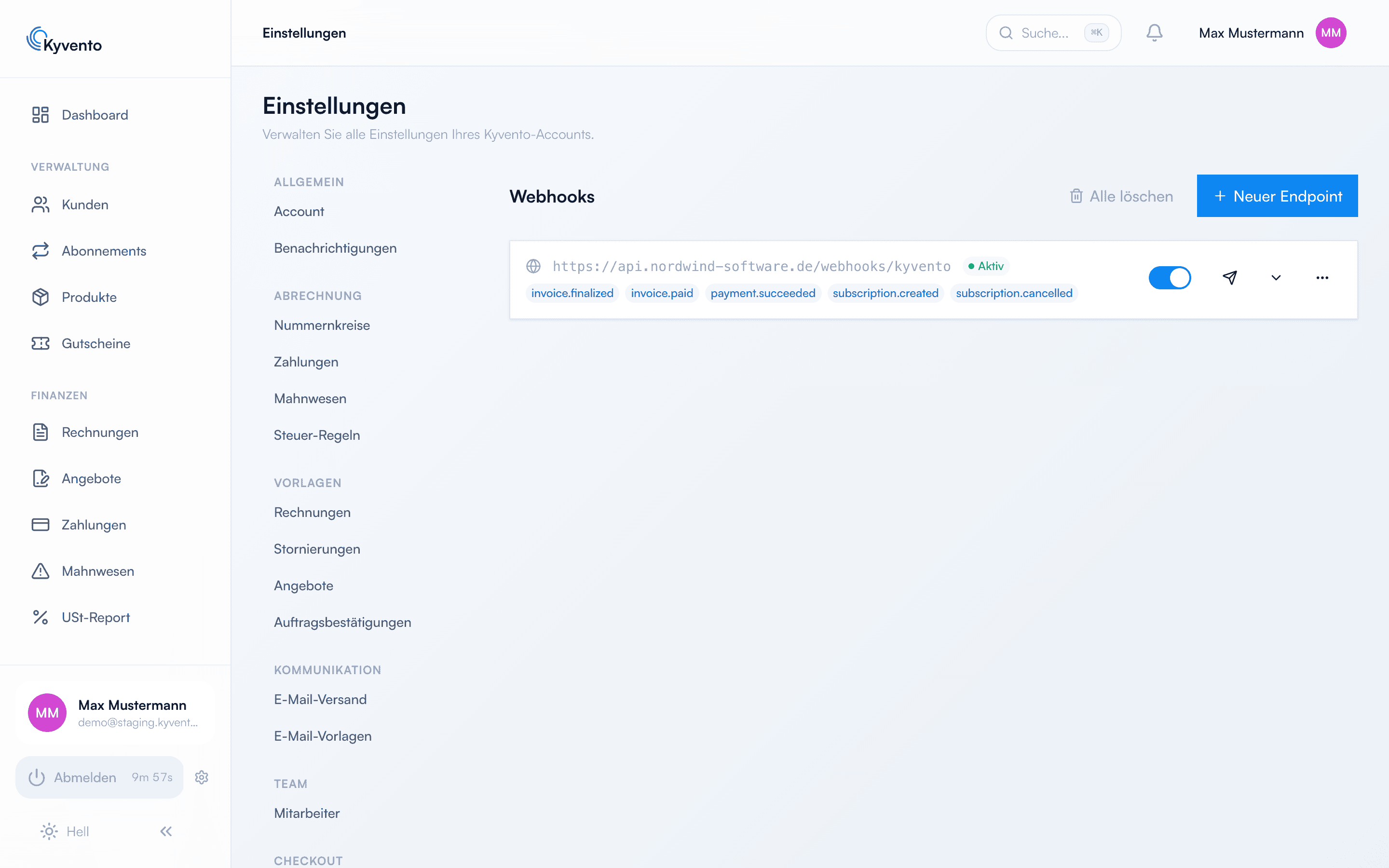 Einstellungen mit dem Webhooks-Tab