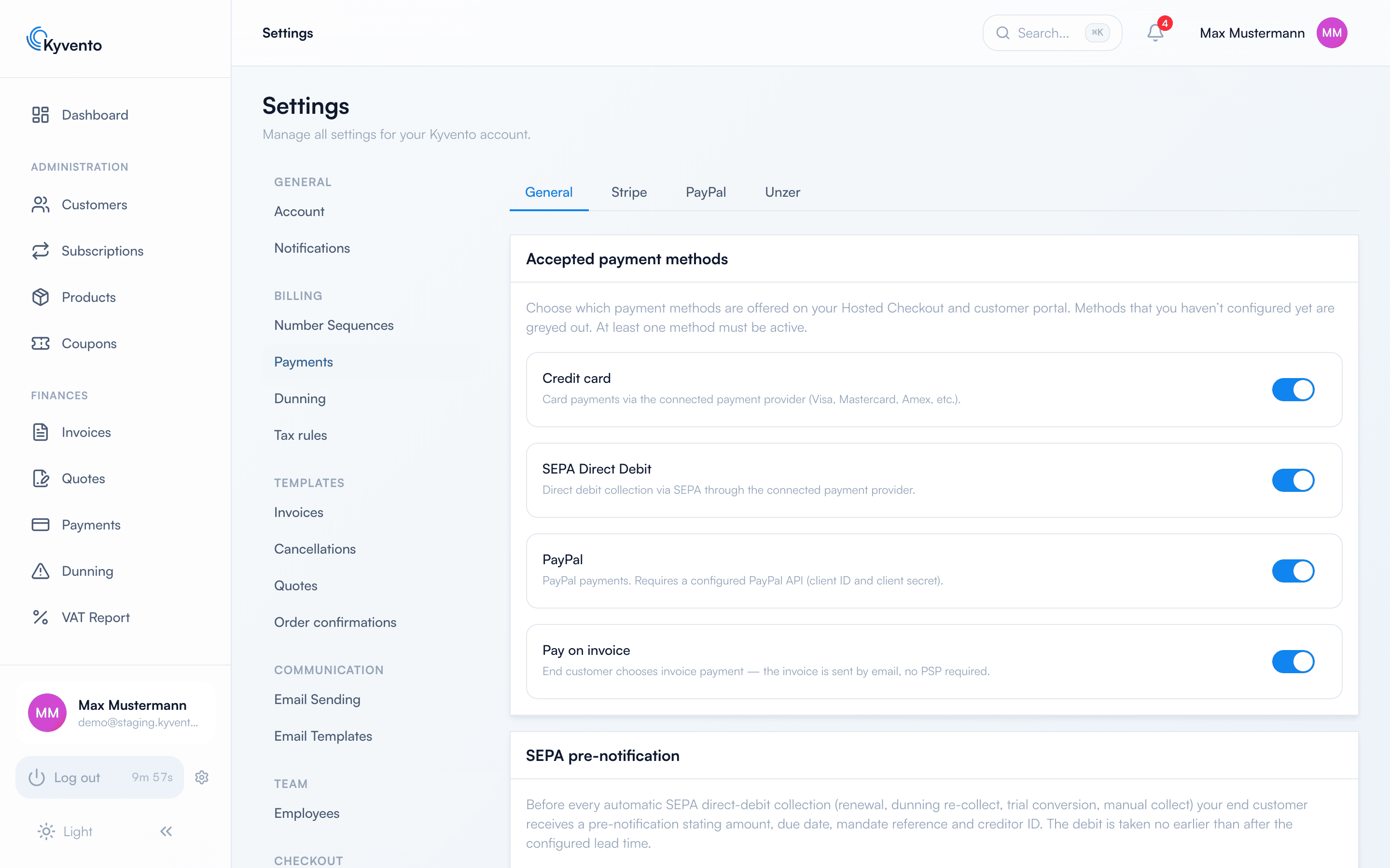Payment settings with the General, Stripe, PayPal and Unzer tabs