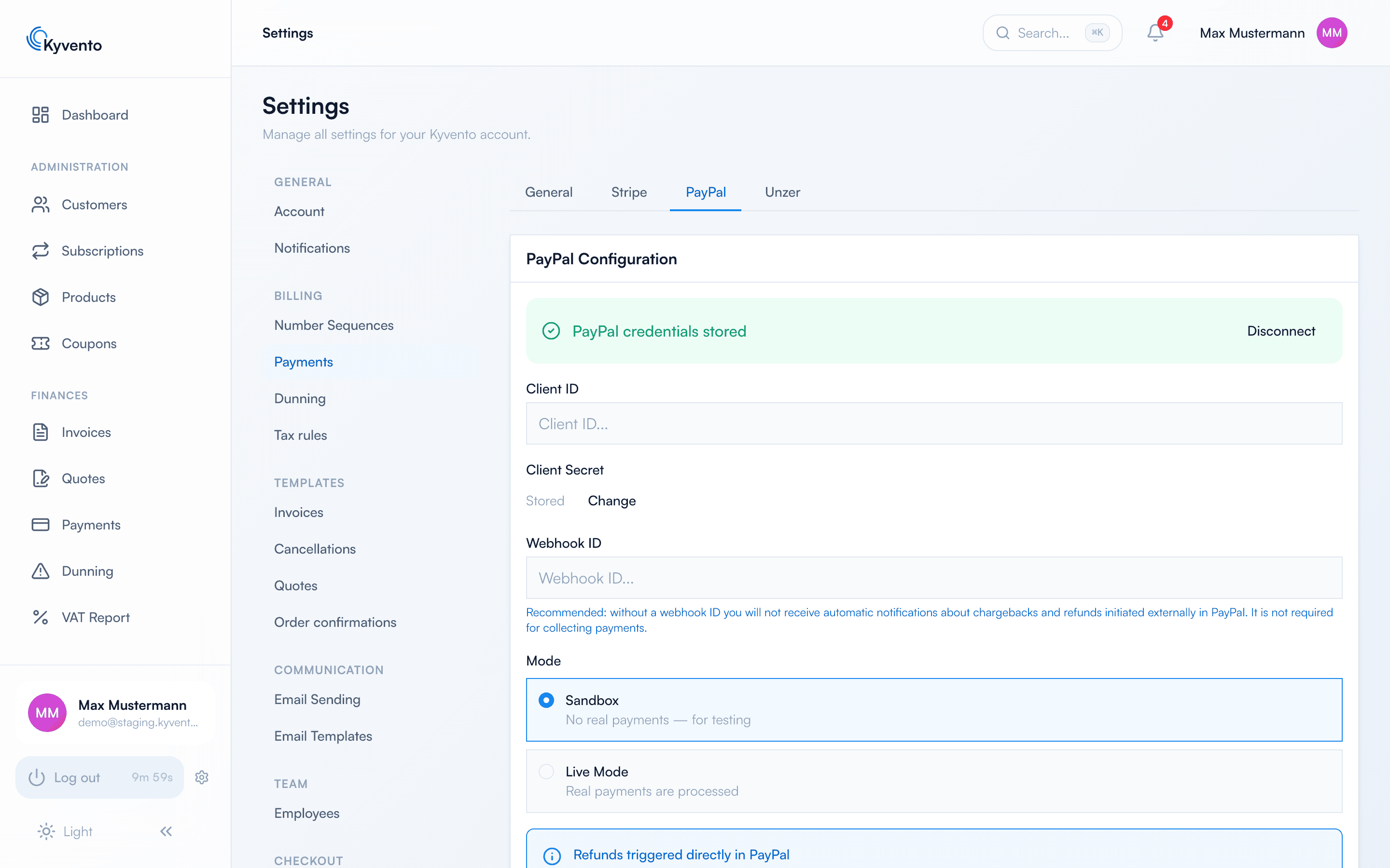 PayPal configuration with Client ID, Client Secret, Webhook ID and mode selection