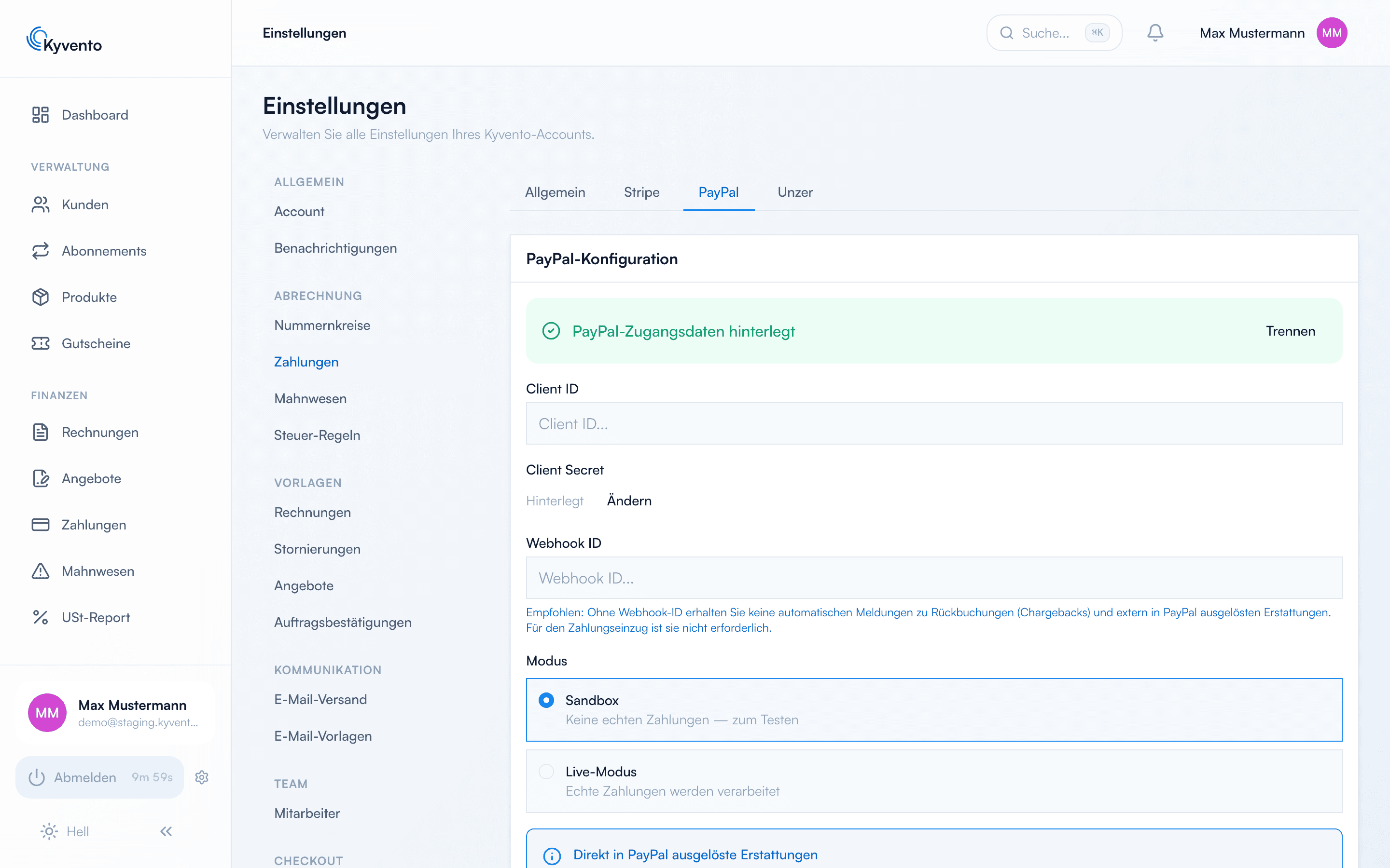PayPal-Konfiguration mit Client ID, Client Secret, Webhook ID und Modus-Auswahl