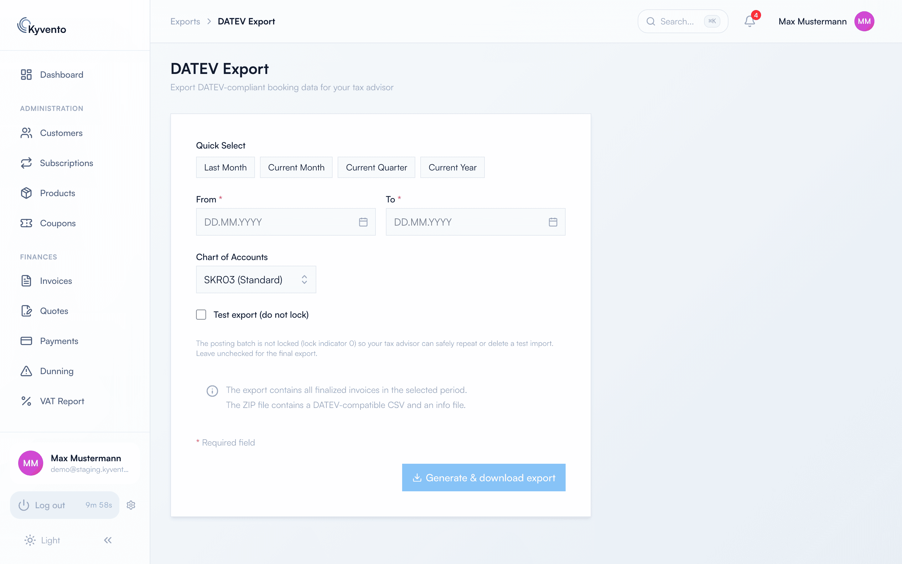 DATEV export detail page with quick period selection, chart of accounts selection and test export option
