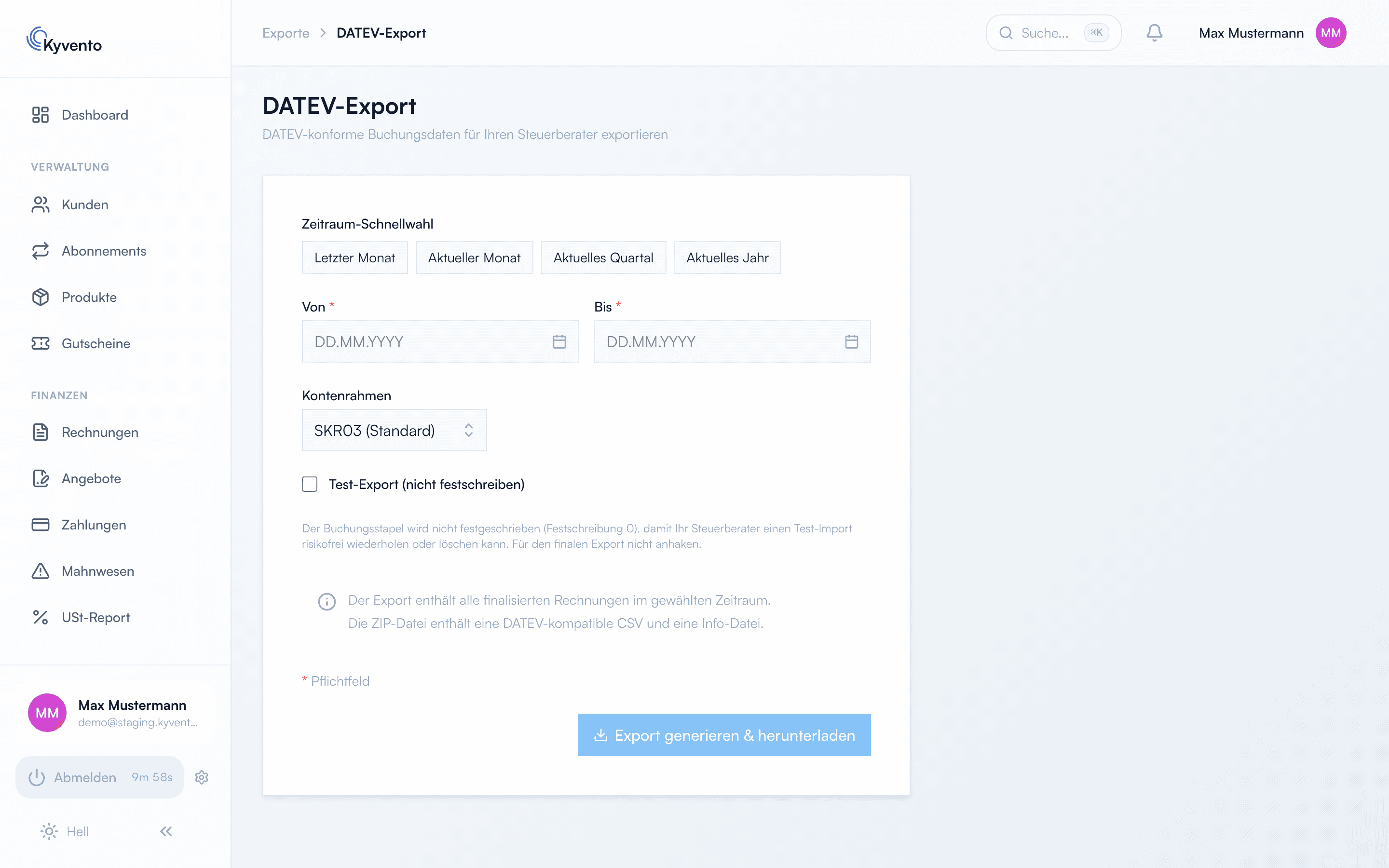 Detail-Seite des DATEV-Exports mit Zeitraum-Schnellwahl, Kontenrahmen-Auswahl und Test-Export-Option