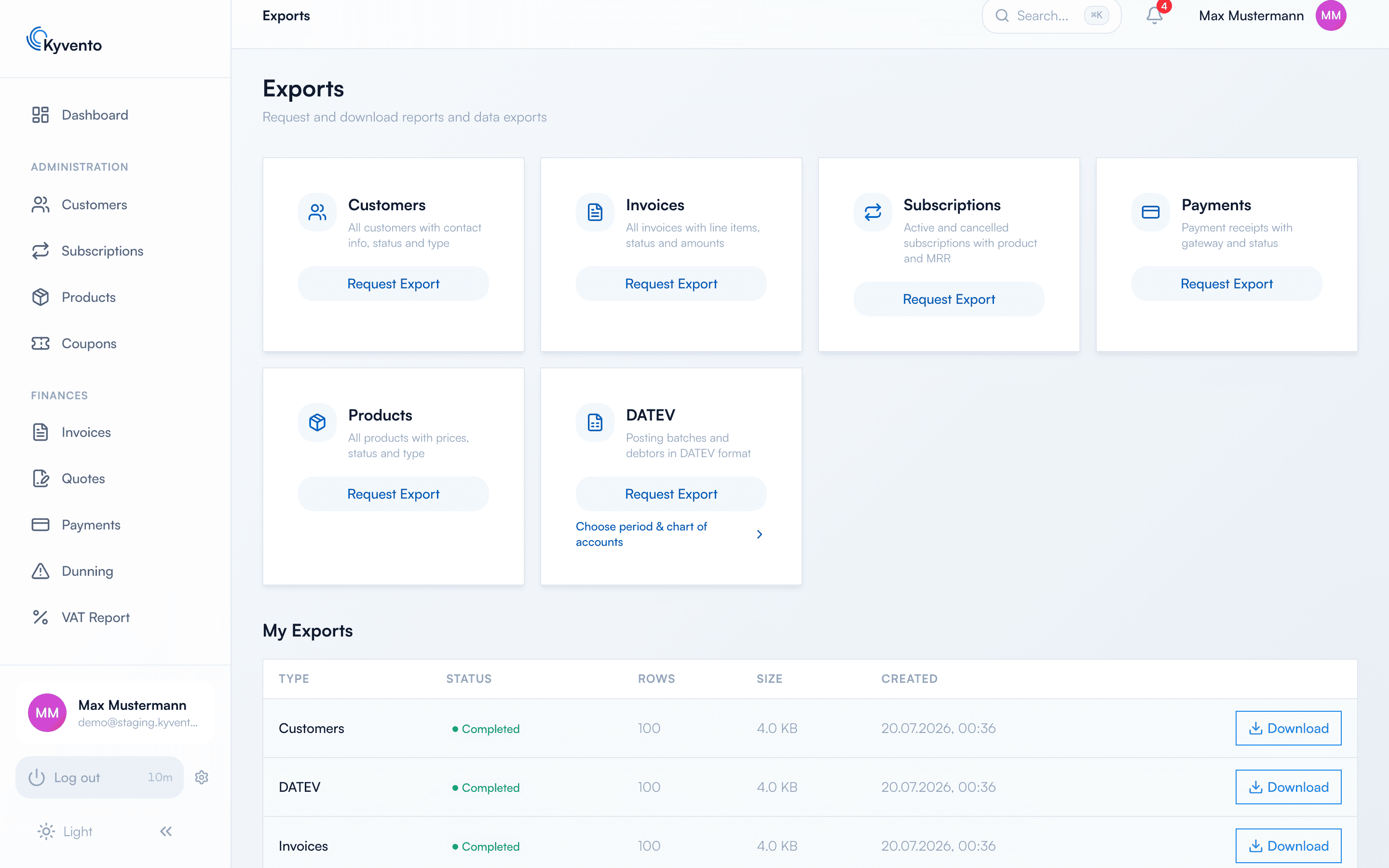 Exports page with the DATEV tile
