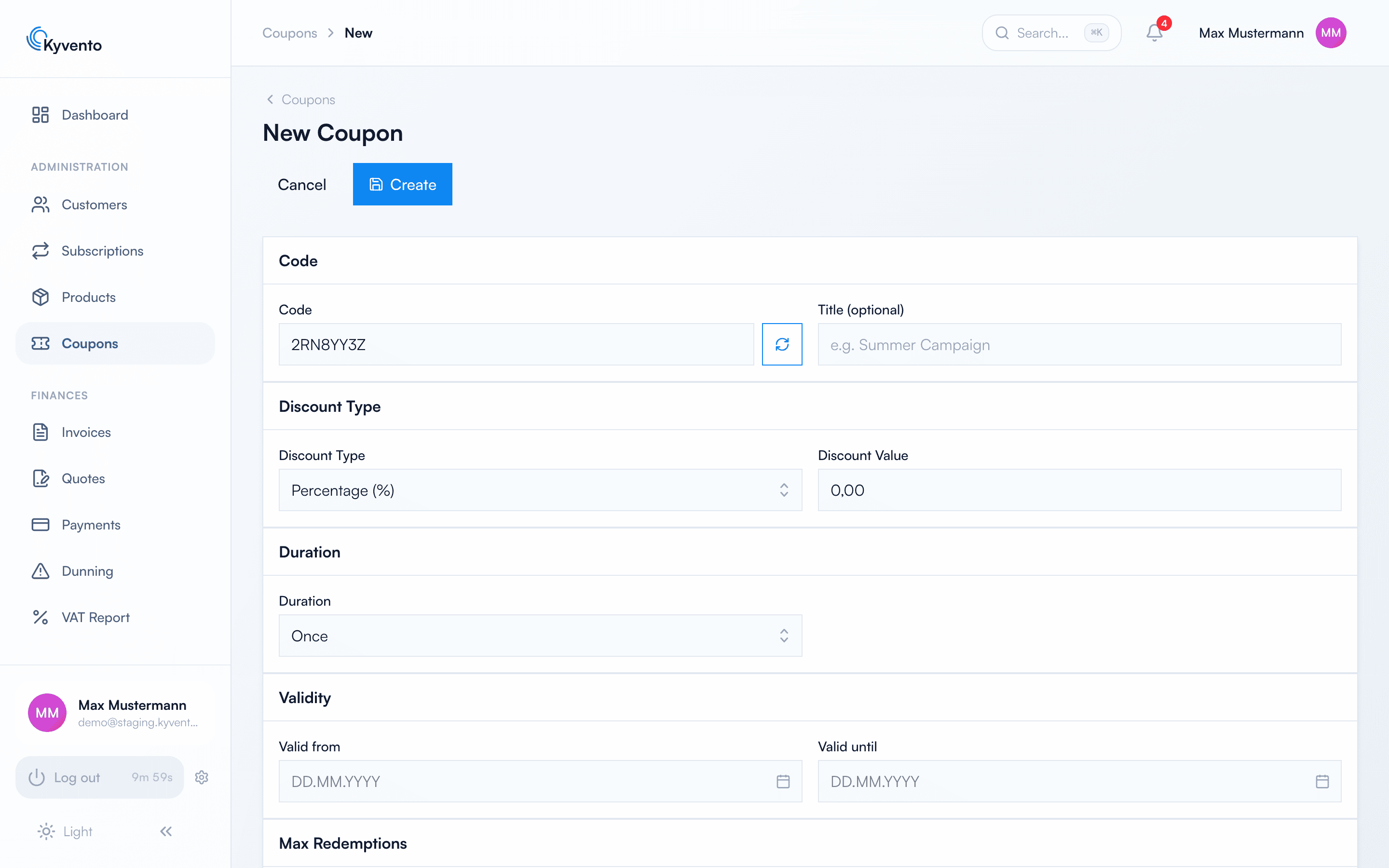 Discount code form with code, discount type, duration and validity