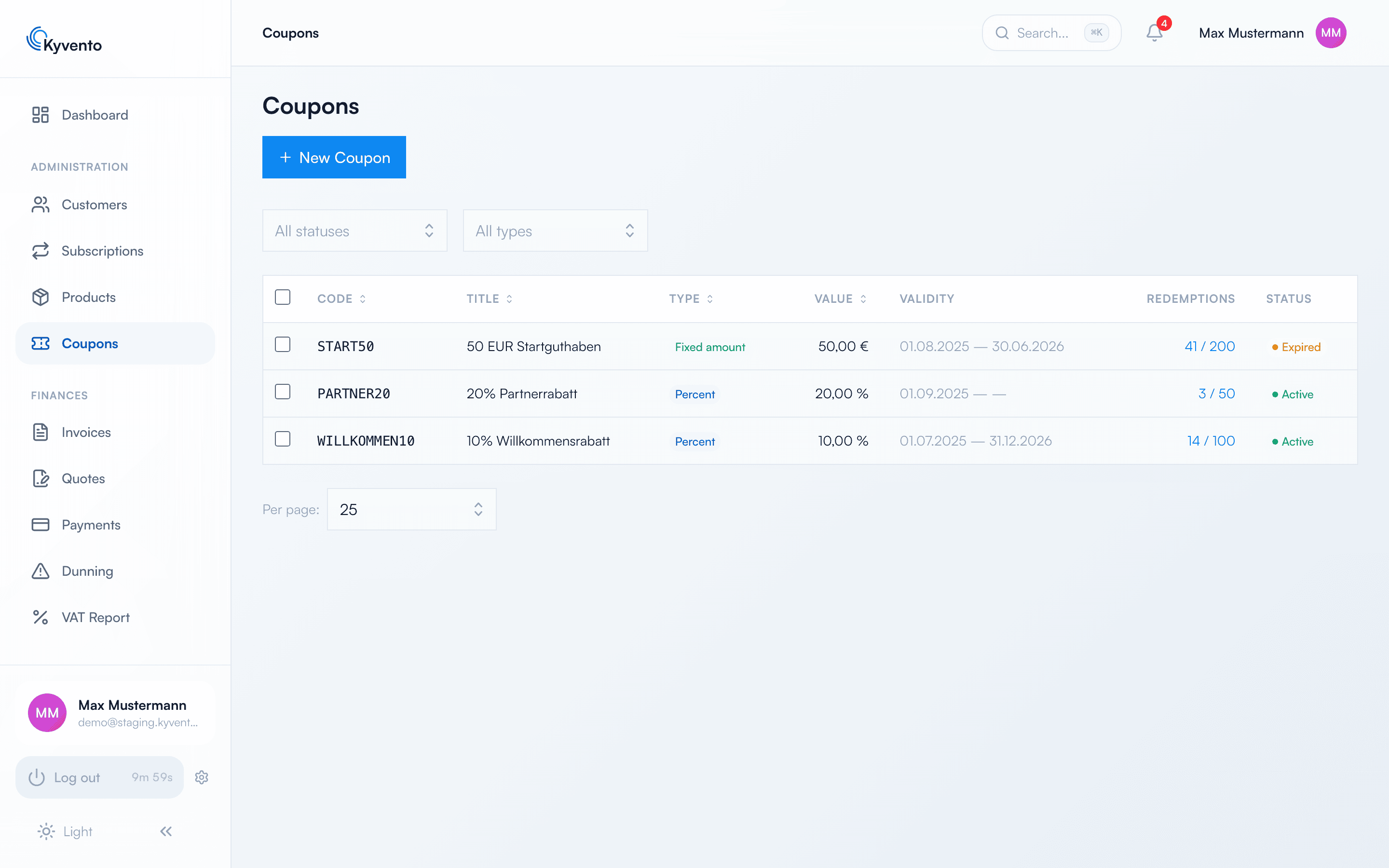 Discount code overview with code, value, validity, uses and status