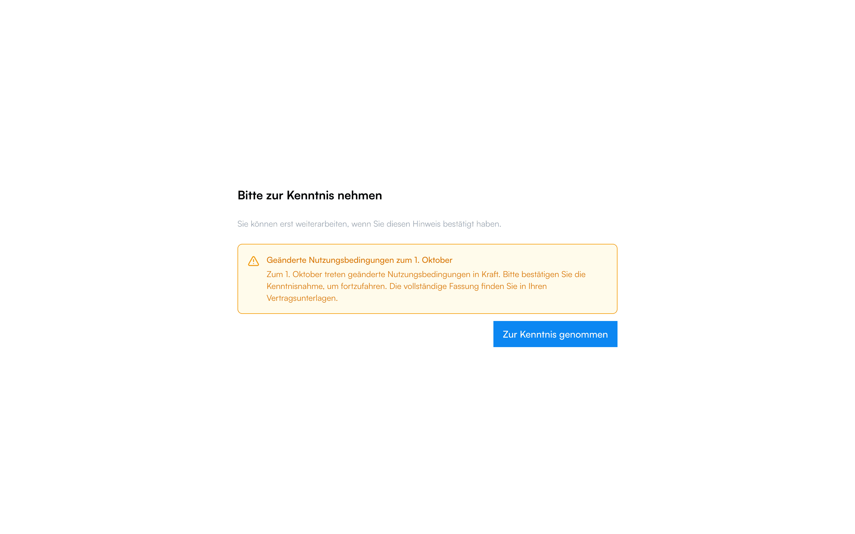 Seite „Bitte zur Kenntnis nehmen“ mit einer Pflichtmeldung von Kyvento und der Schaltfläche zur Bestätigung