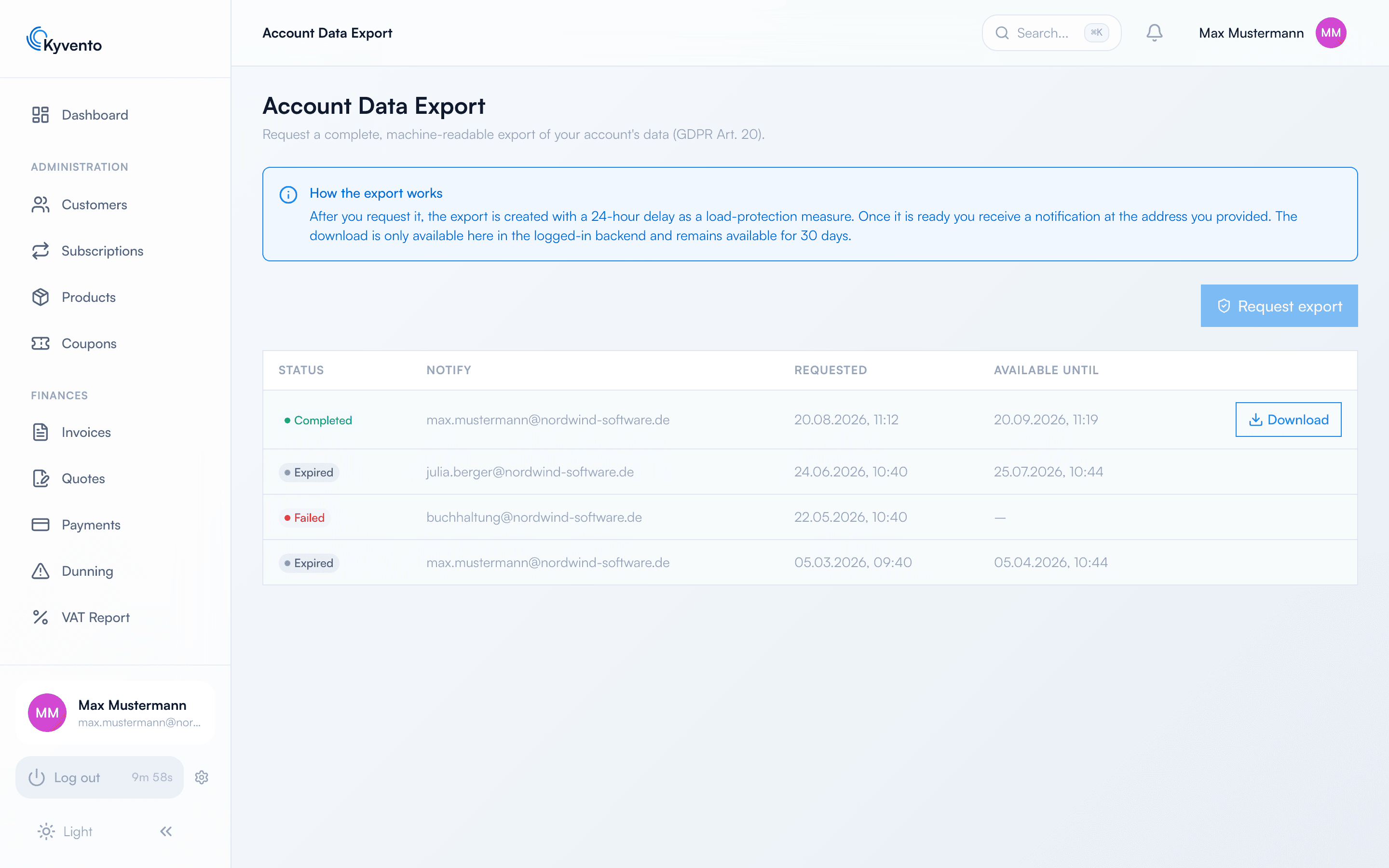 Account data export page with the history and one export ready to collect