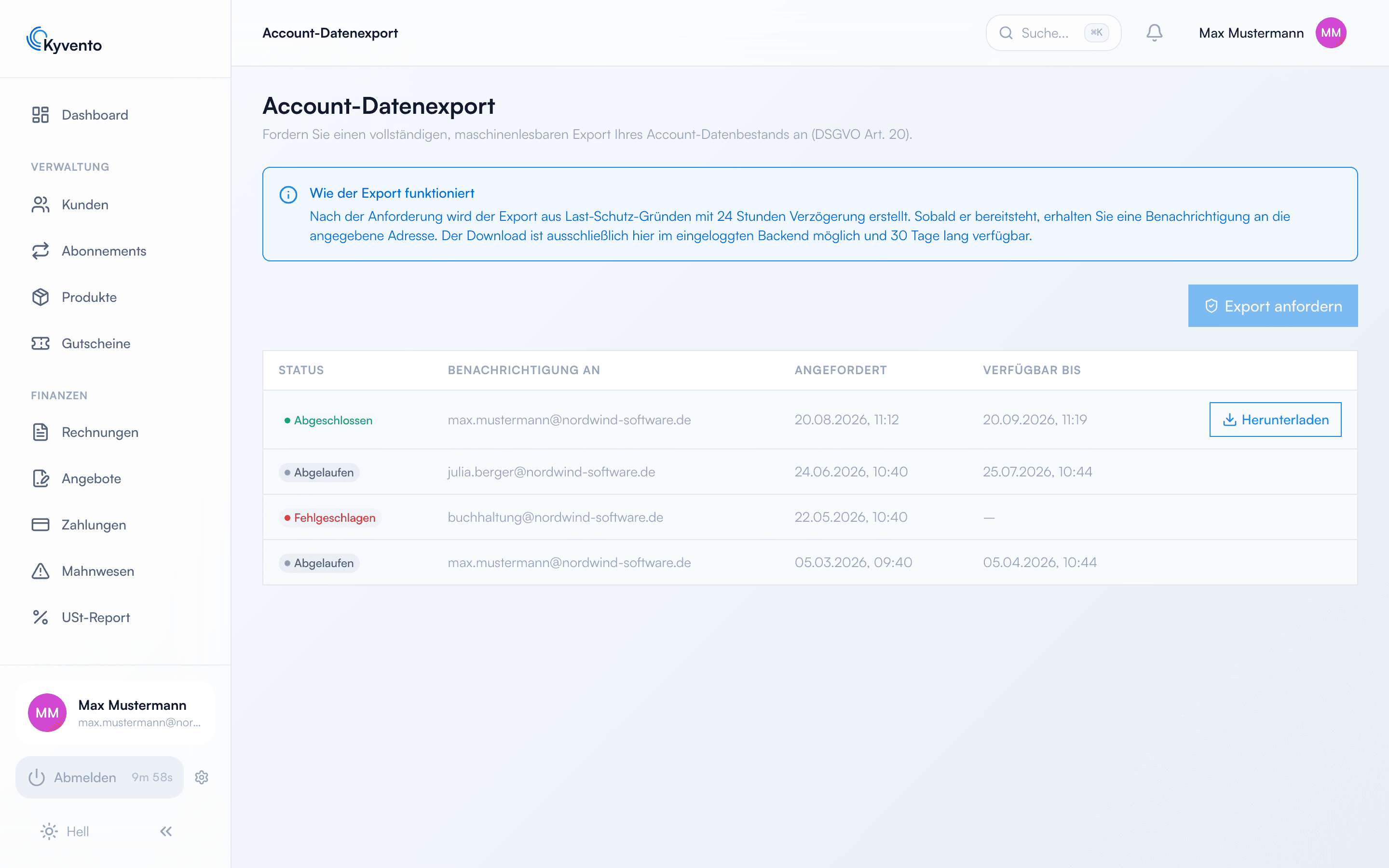 Seite Account-Datenexport mit Verlauf und einem abholbereiten Export