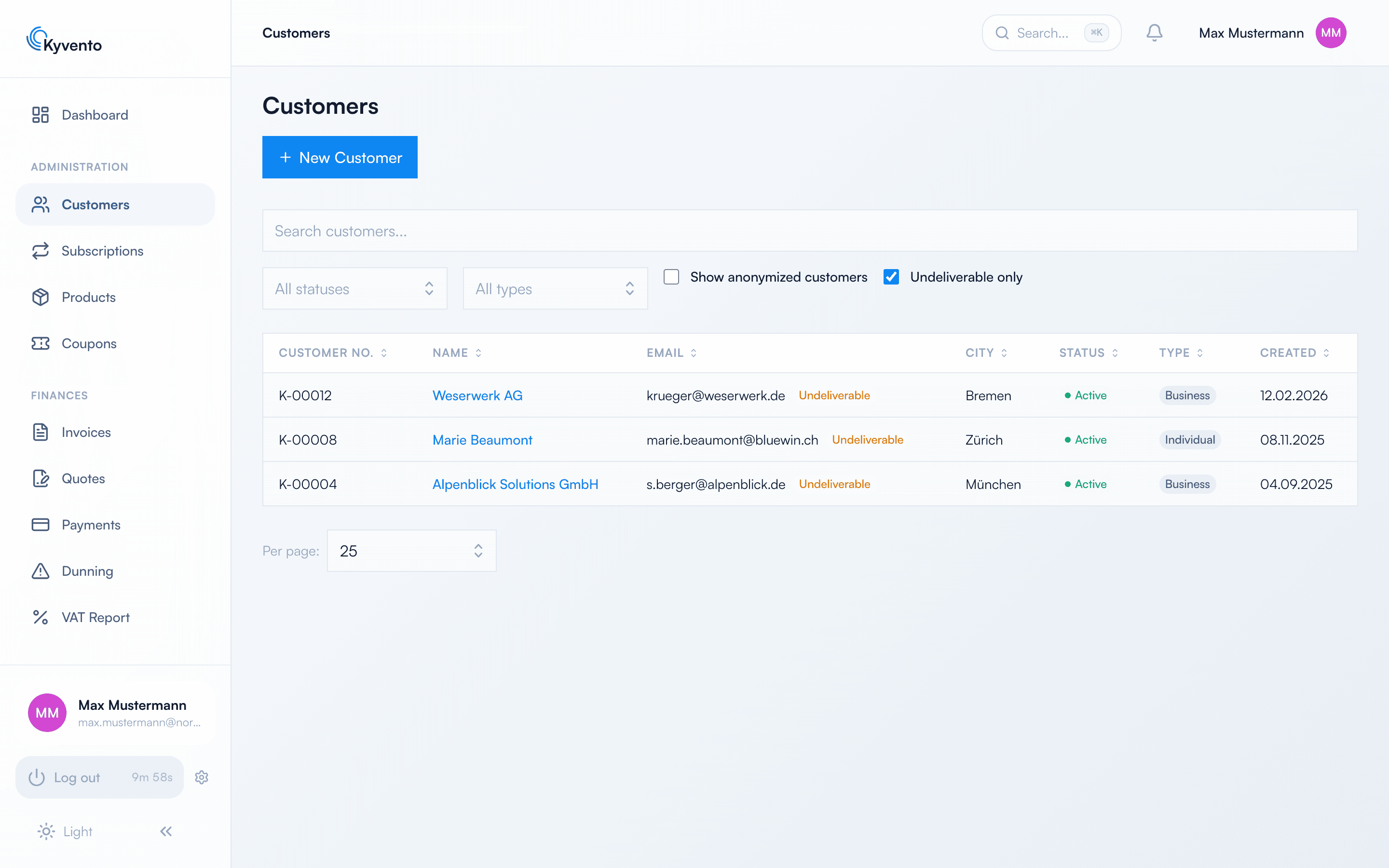 Customer list with the “Undeliverable only” filter active and the “Undeliverable” flag on three customers