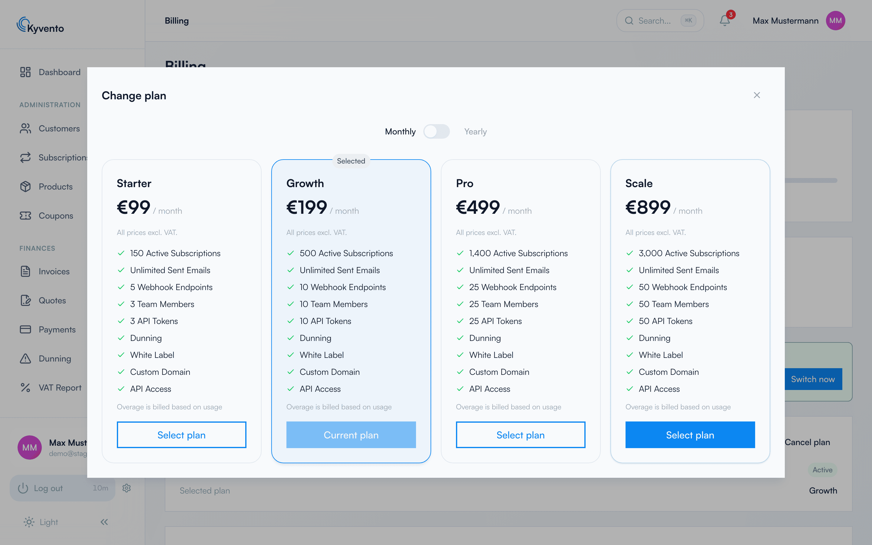 Plan selection with monthly and yearly plans and a confirmation preview